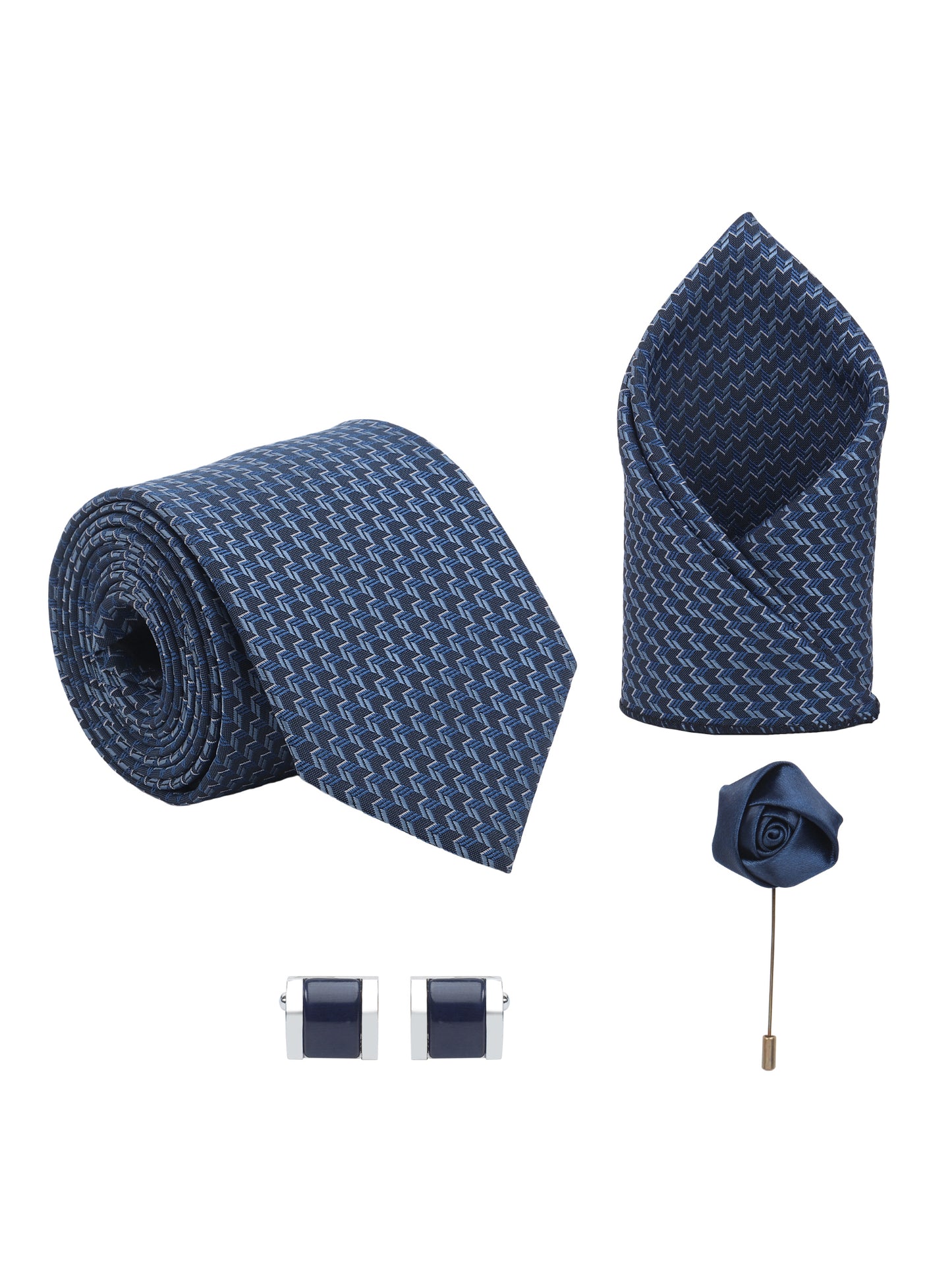 Kanthlangot Men’s Set of 4: Blue Zig-Zag Tie, Pocket Square, Cufflinks & Lapel Pin (Premium Gift Box)