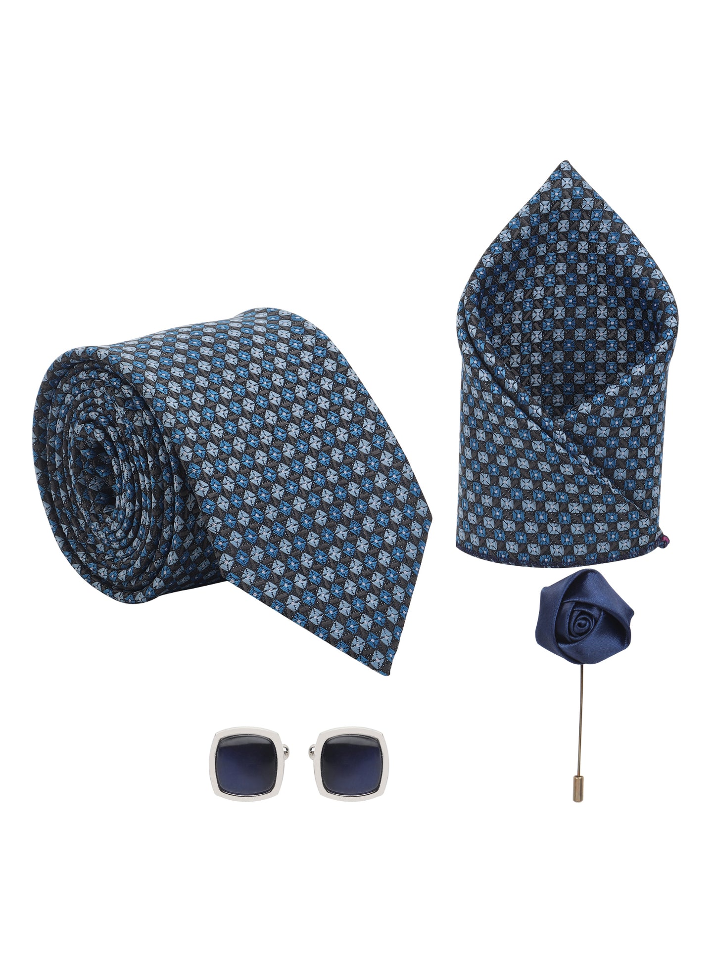 Kanthlangot Blue Diamond-Check Necktie Gift Set with Pocket Square, Cufflinks & Lapel Pin