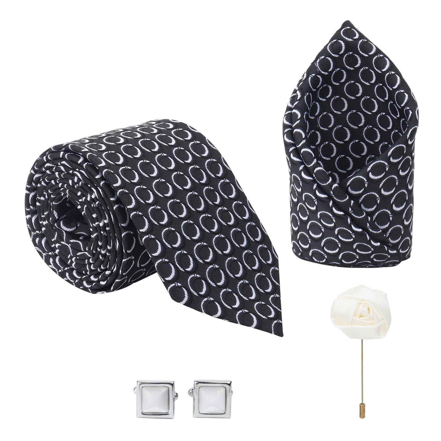 Kanthlangot Set of 4: Black Tie with White Circle Pattern, Pocket Square, Silver Cufflinks & White Lapel Pin