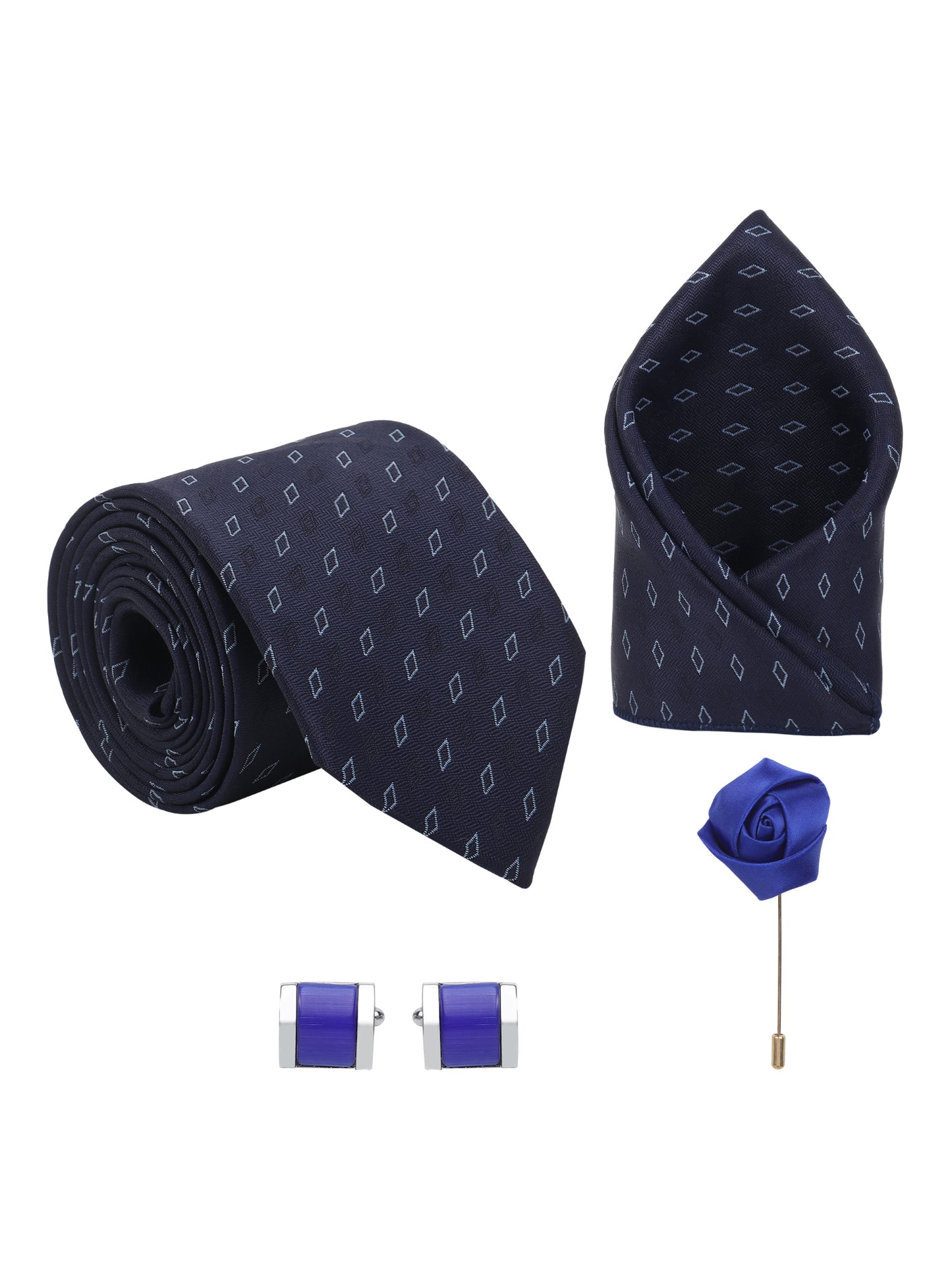 Kanthlangot Navy Diamond Necktie Set with Pocket Square, Cufflinks & Lapel Pin