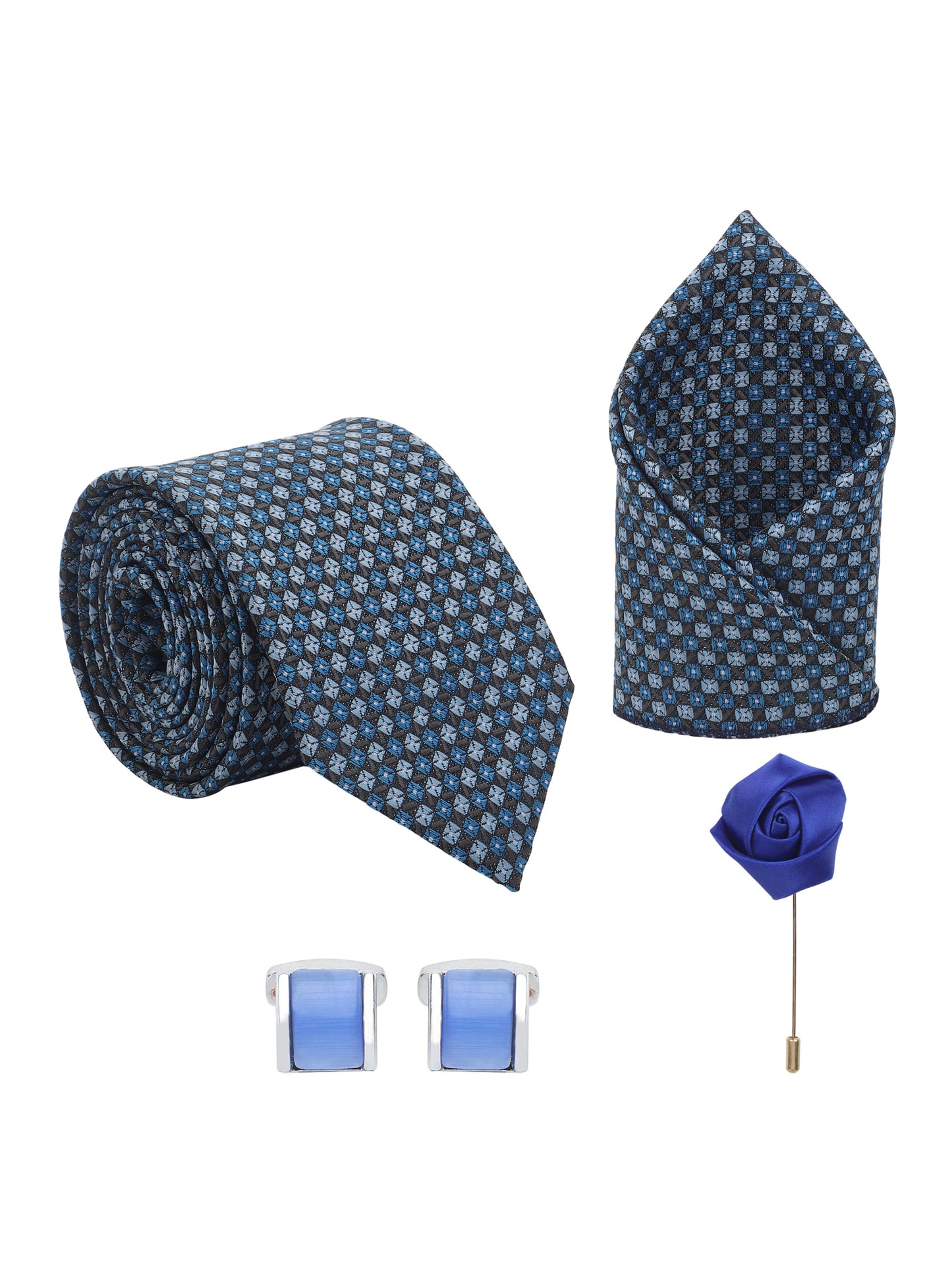 Kanthlangot Blue Checkered Necktie Gift Set with Pocket Square, Sky Blue Cufflinks & Rose Lapel Pin
