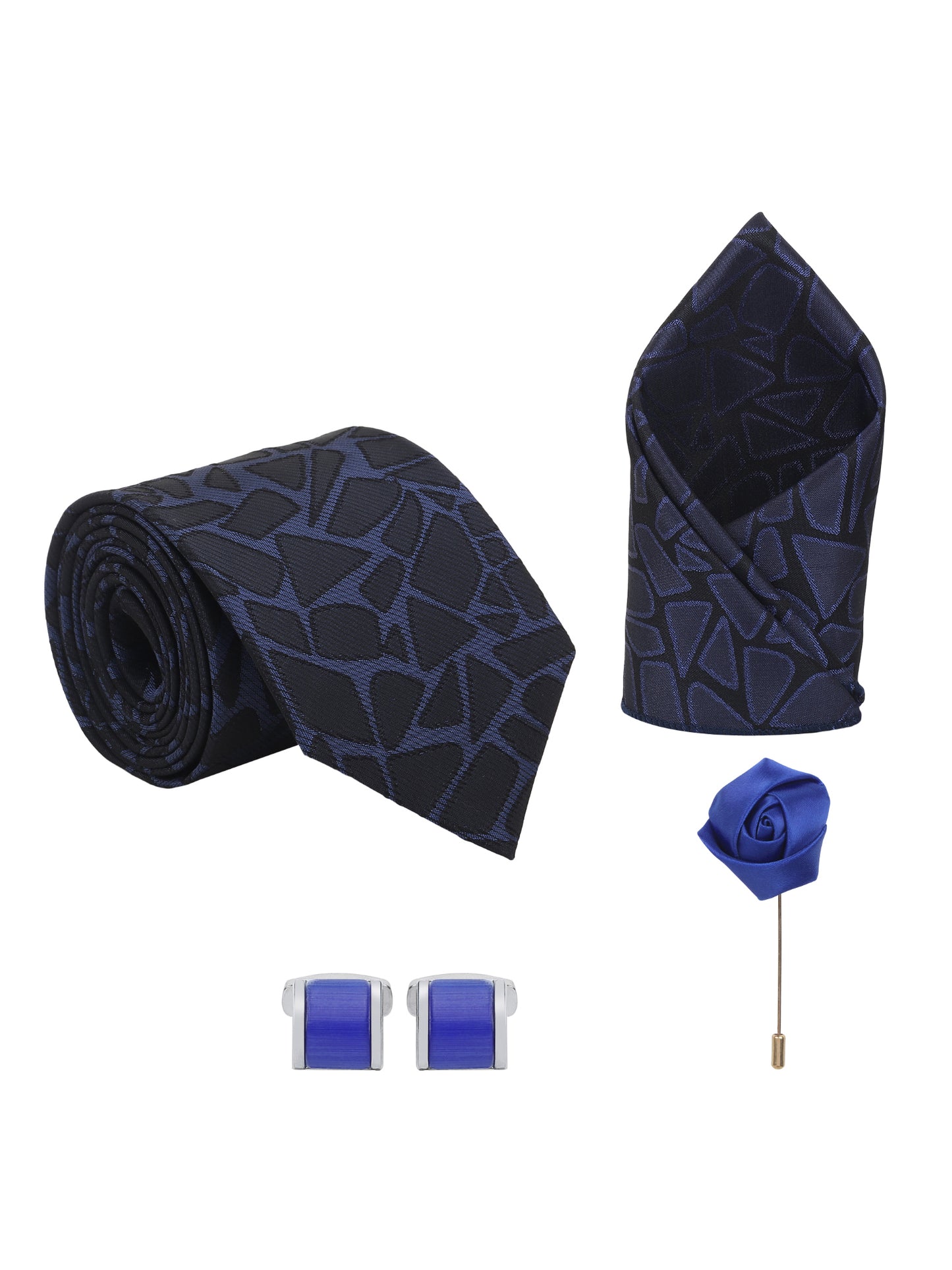 Kanthlangot Navy Mosaic Tie Set with Pocket Square, Blue Cufflinks & Satin Lapel Pin