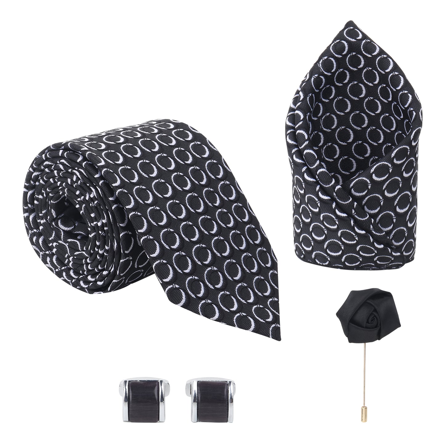 Make a statement with this 4-item Kanthlangot tie set featuring black circular pattern tie, square cufflinks, lapel pin, & pocket square in gift box.