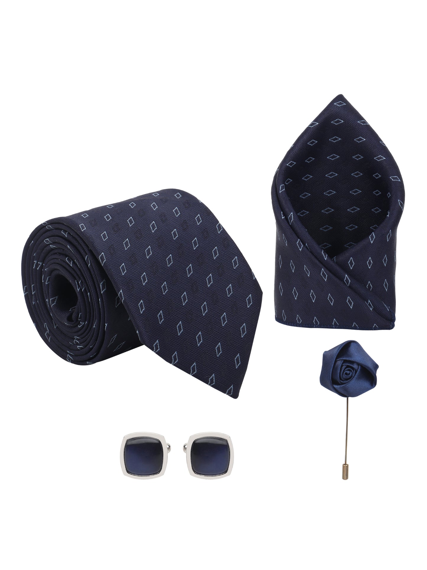 Kanthlangot Navy Blue Diamond Necktie Gift Set with Pocket Square, Cufflinks & Lapel Pin