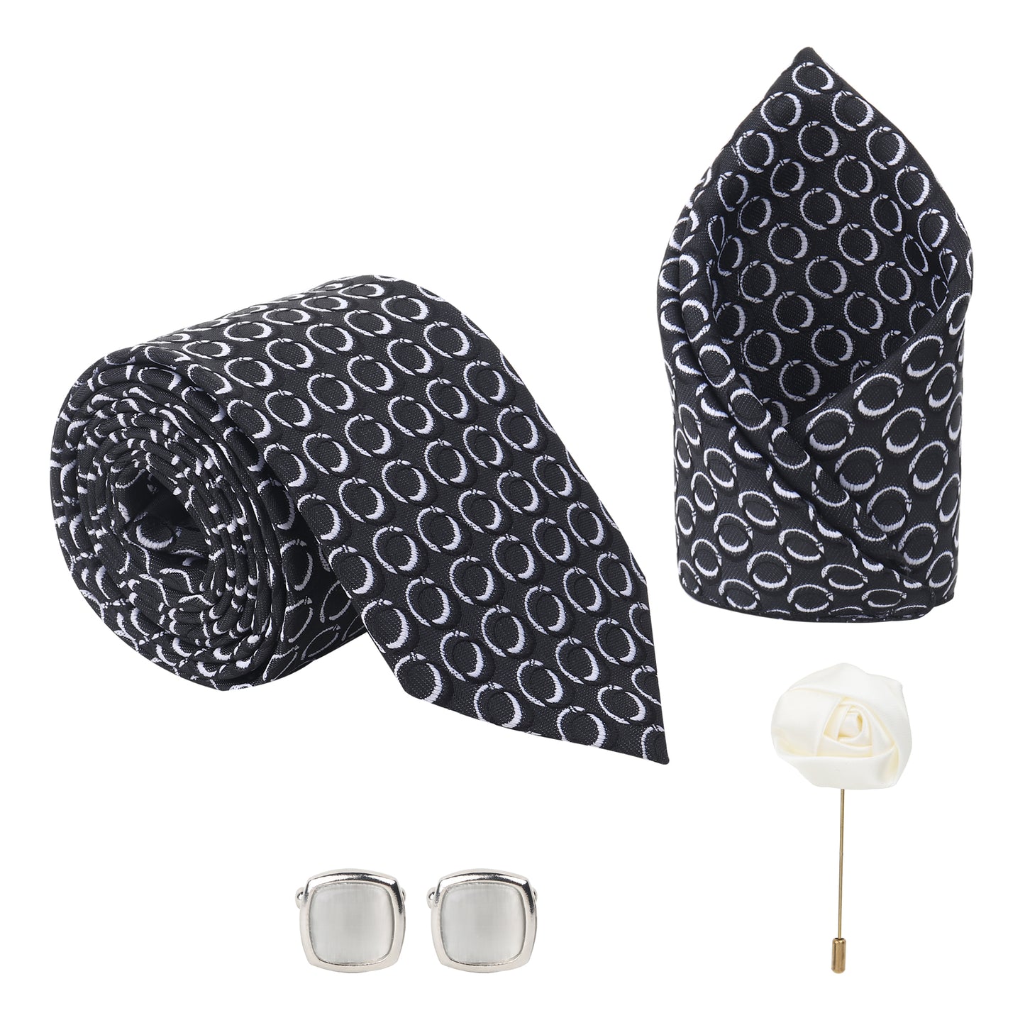 Kanthlangot Set of 4: Black Circle Pattern Tie, Pocket Square, Silver Cufflinks & White Rose Lapel Pin in Gift Box