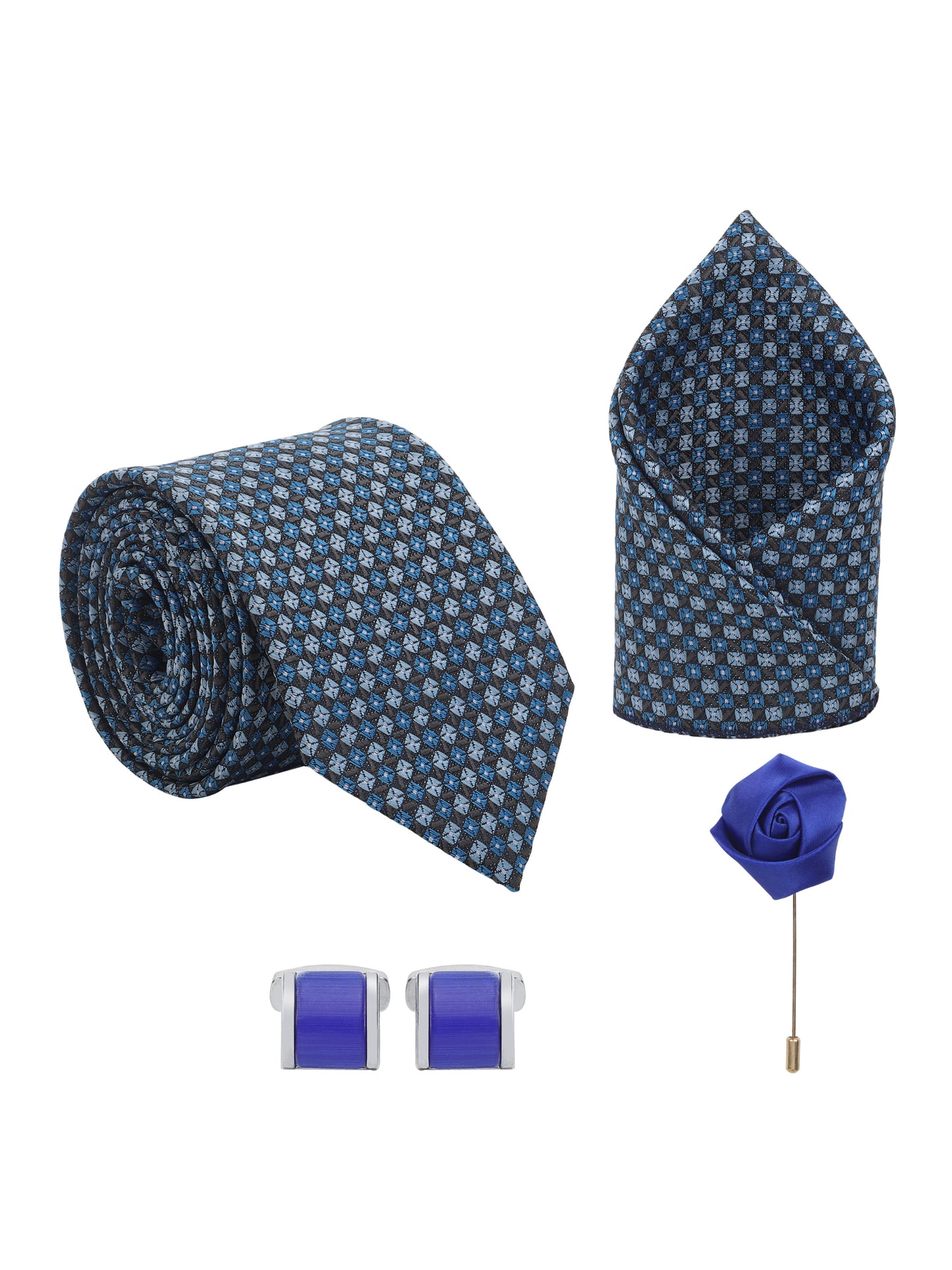 Kanthlangot Blue-Black Checkered Necktie Gift Set with Pocket Square, Vibrant Blue Cufflinks & Lapel Pin