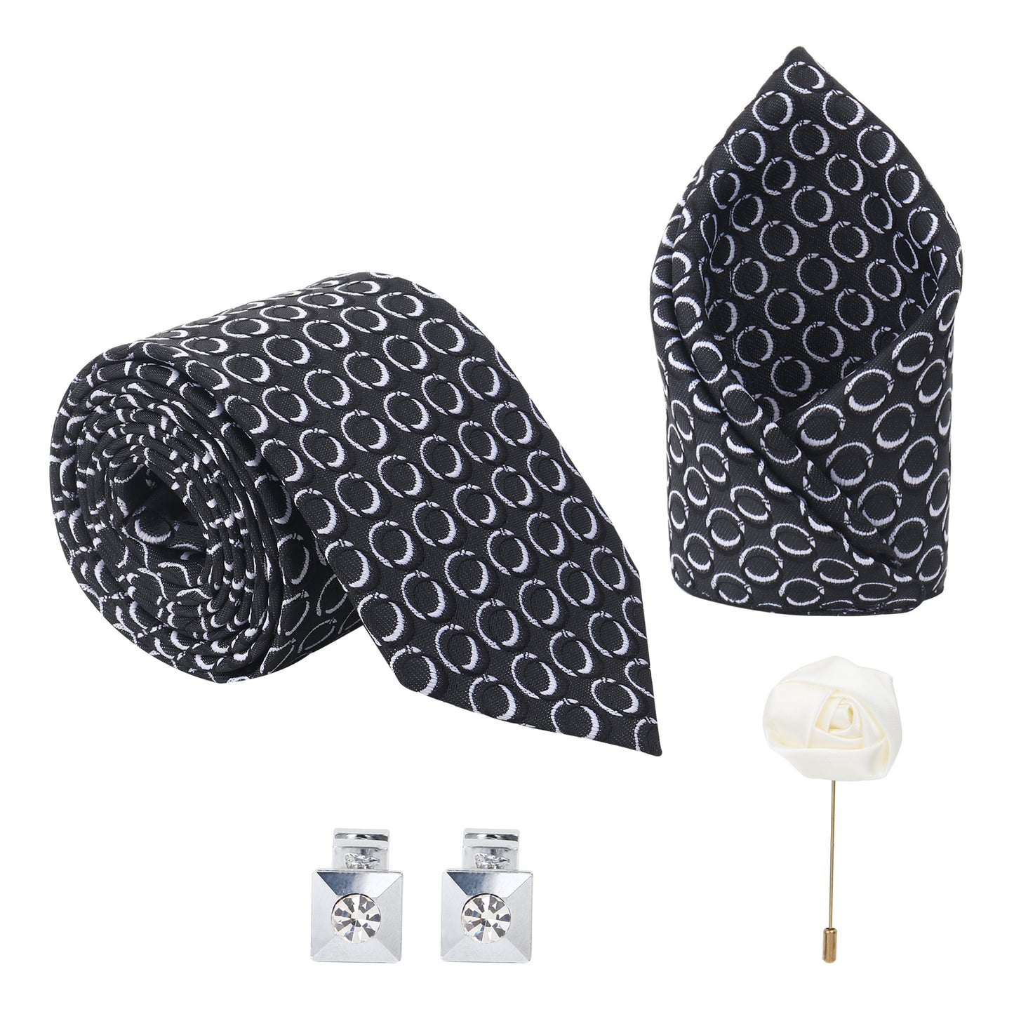 Kanthlangot Set of 4: Black & White Circle Tie with Pocket Square, Silver Cufflinks & White Lapel Pin in Gift Box