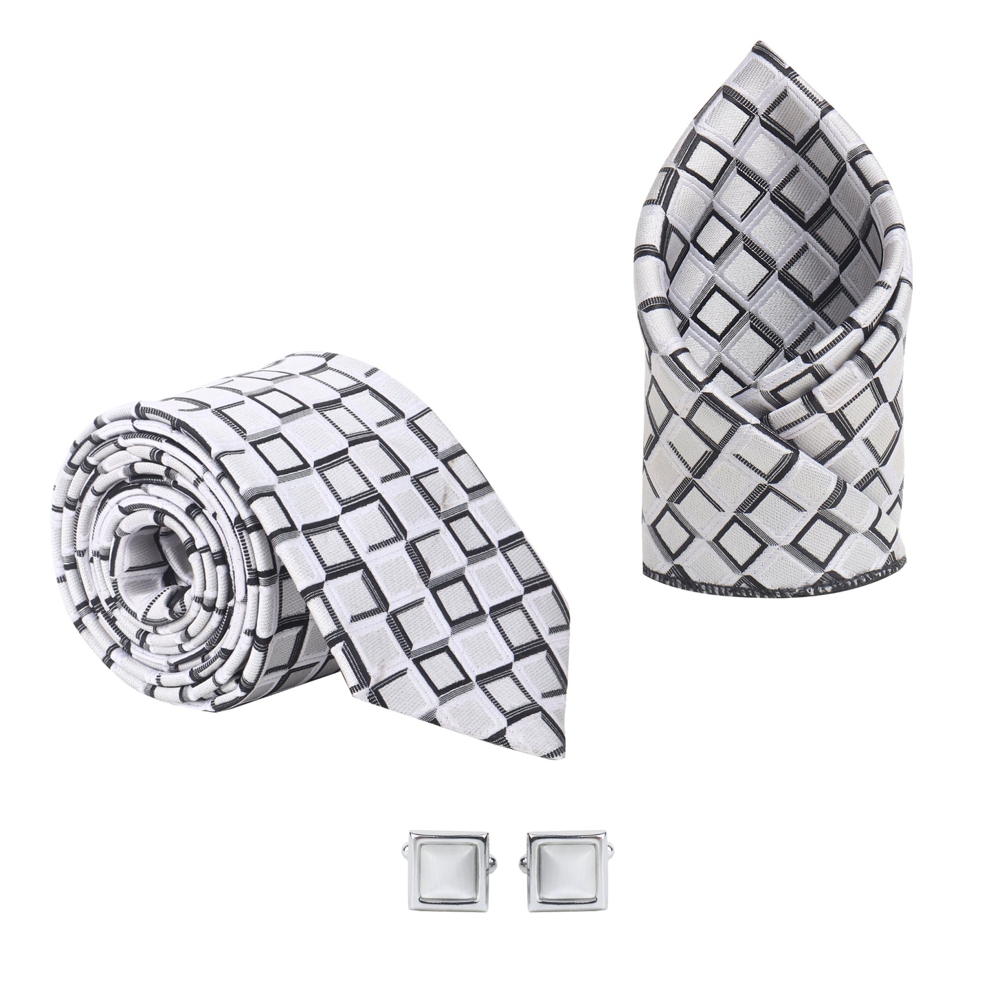 Kanthlangot Men’s 3-Piece Formal Set – Geometric Tie, Pocket Square & White Stone Cufflinks (3-Inch Necktie)