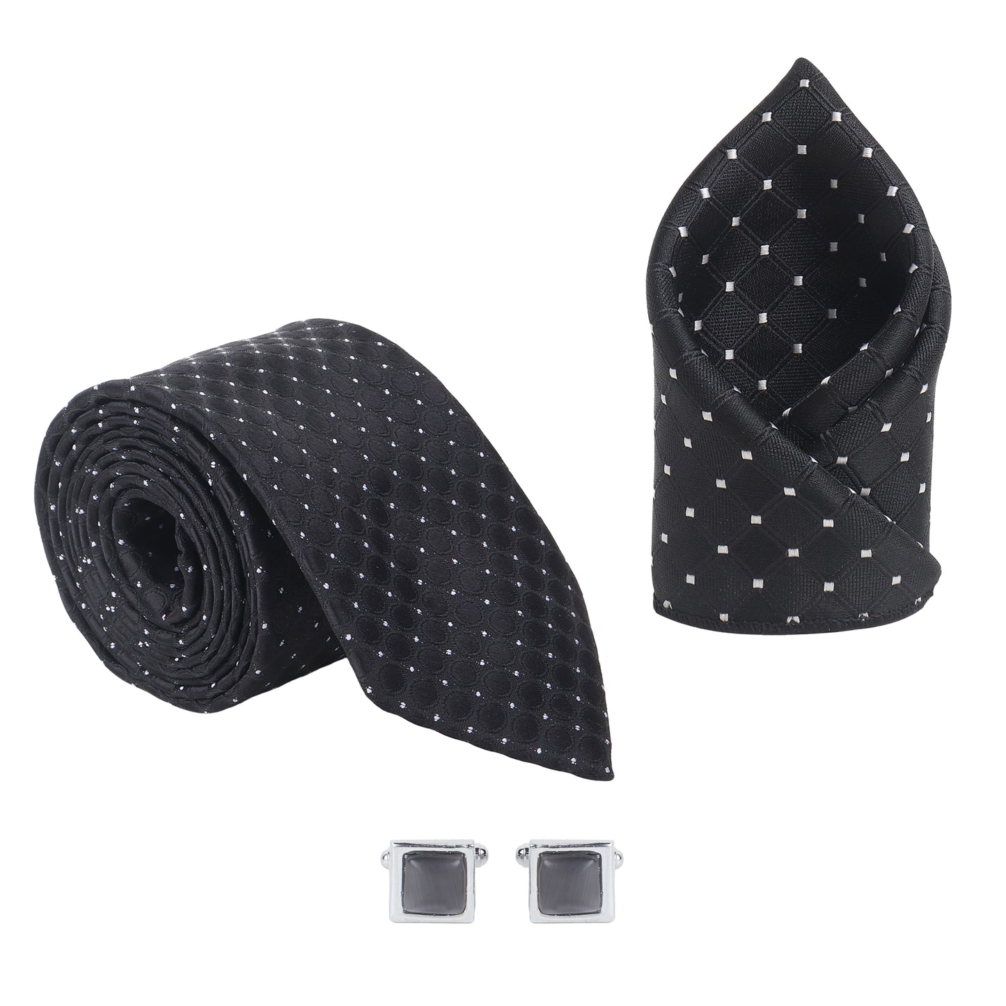 Kanthlangot Men’s 3-Piece Formal Set – Black Dot-Grid Tie, Pocket Square & Square Dark Stone Cufflinks (3-Inch Necktie)