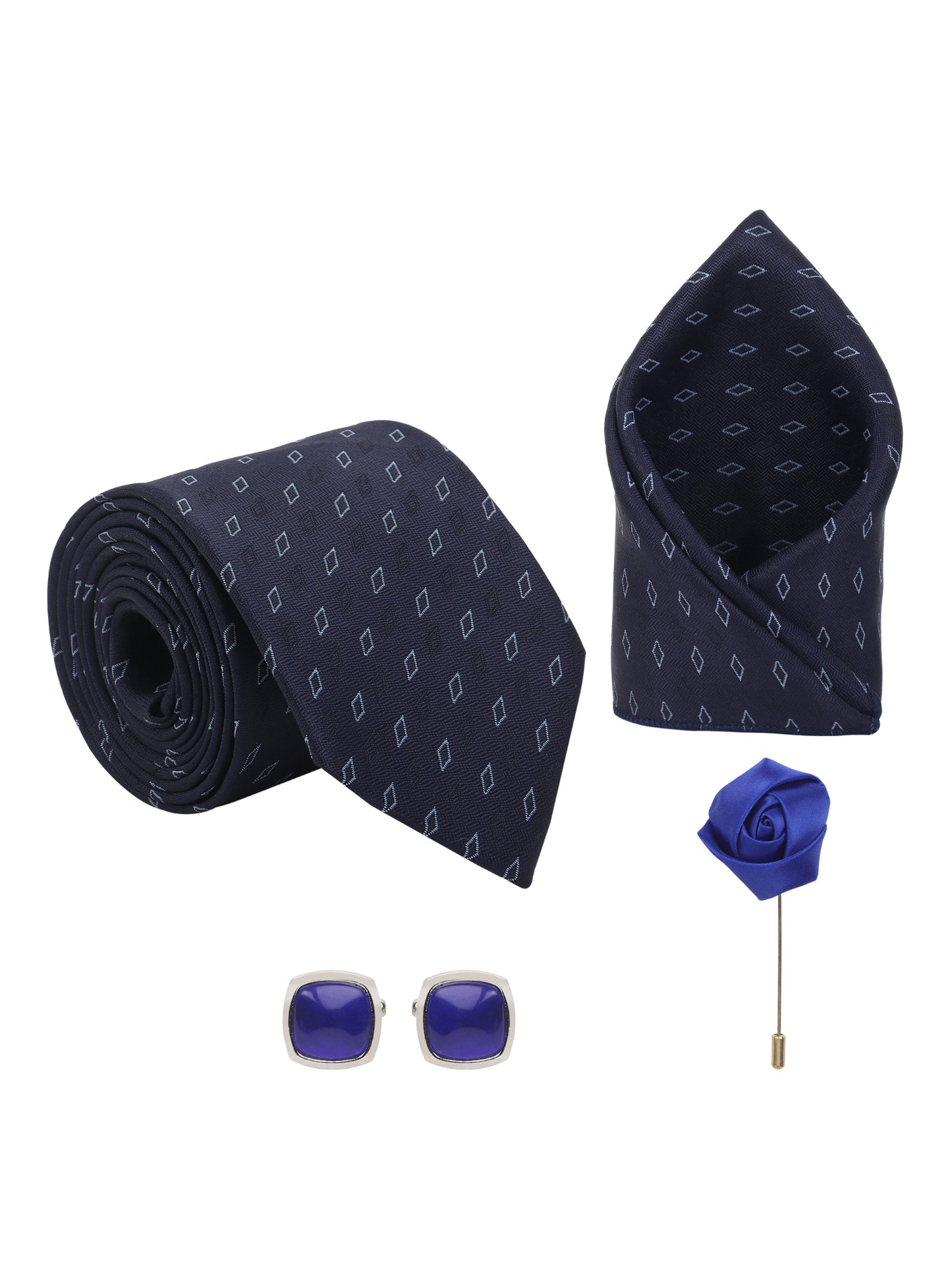 Kanthlangot Navy Blue Diamond Necktie Set with Pocket Square, Cufflinks & Lapel Pin