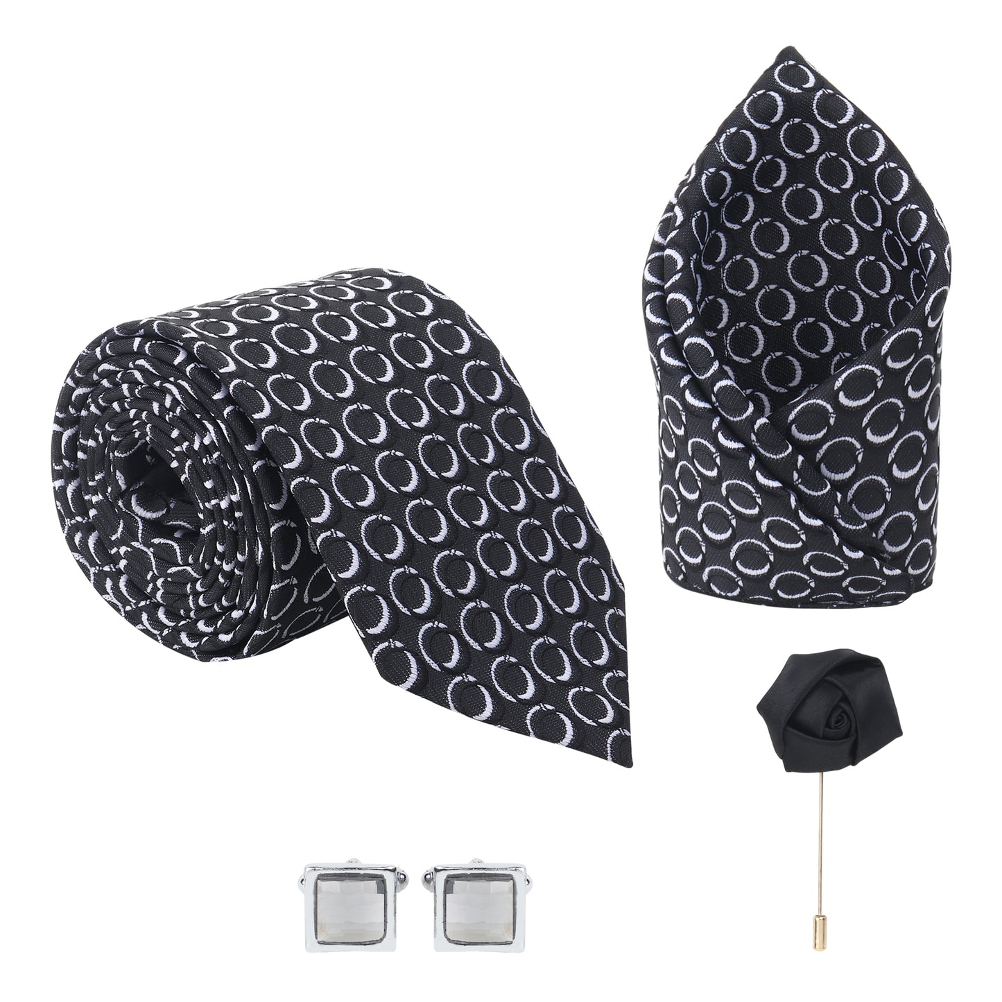 Kanthlangot Set of 4: Black Textured Necktie, Pocket Square, Crystal Cufflinks & Black Lapel Pin in Premium Gift Box