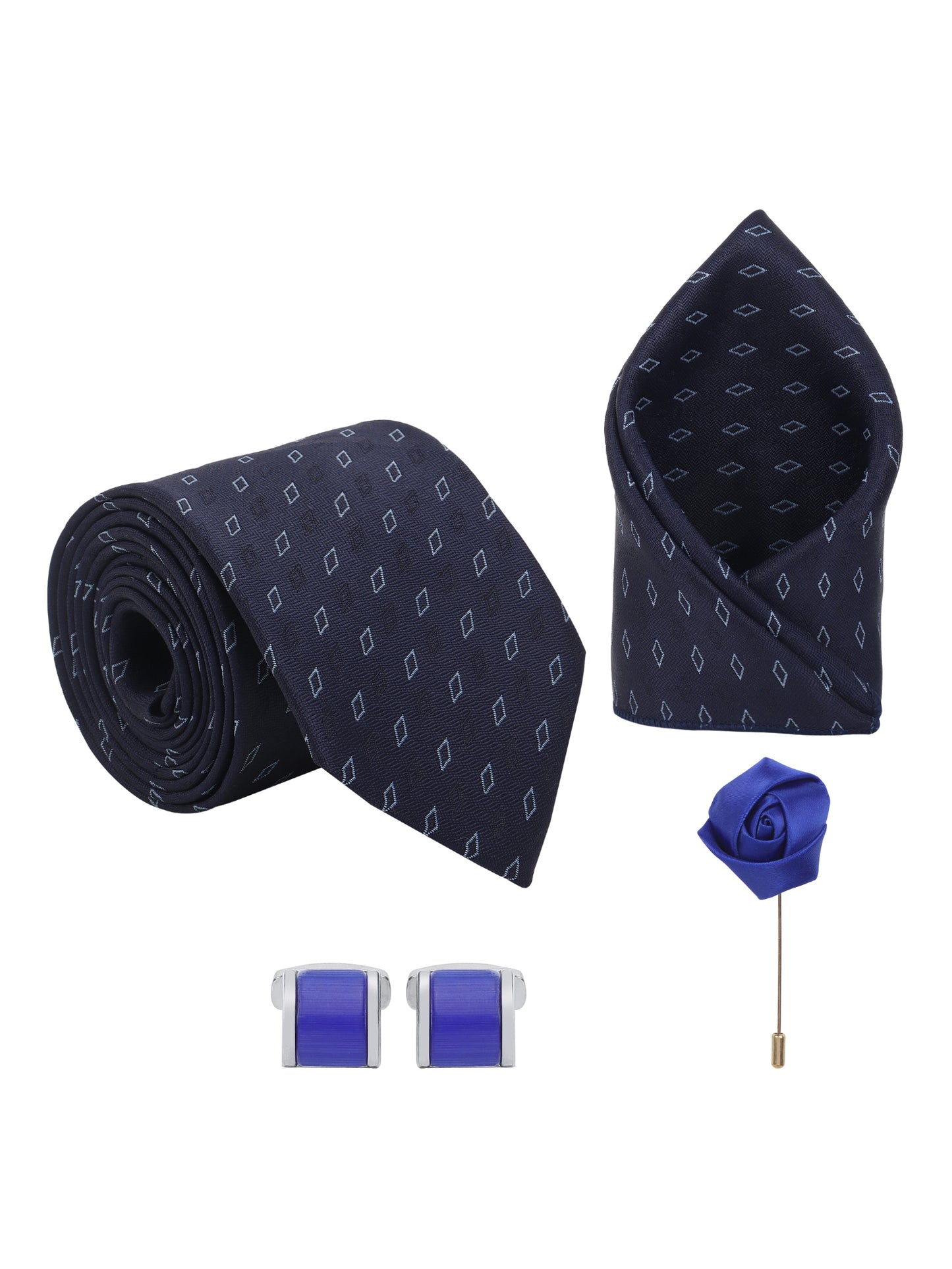 Kanthlangot Navy Blue Geometric Necktie Set with Pocket Square, Cufflinks & Lapel Pin