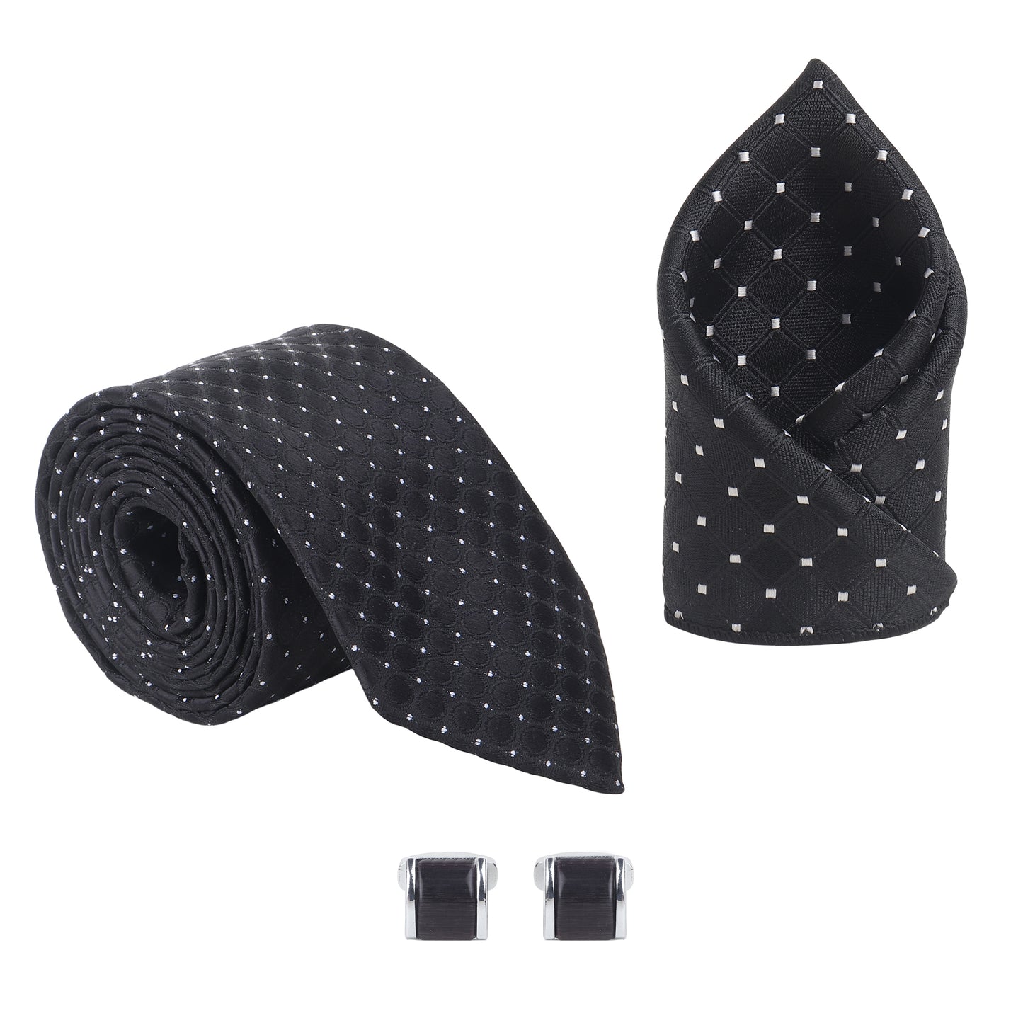 Kanthlangot Men’s 3-Piece Formal Set – Black Dot-Grid Tie, Pocket Square & Rectangular Black Cufflinks (3-Inch Necktie)