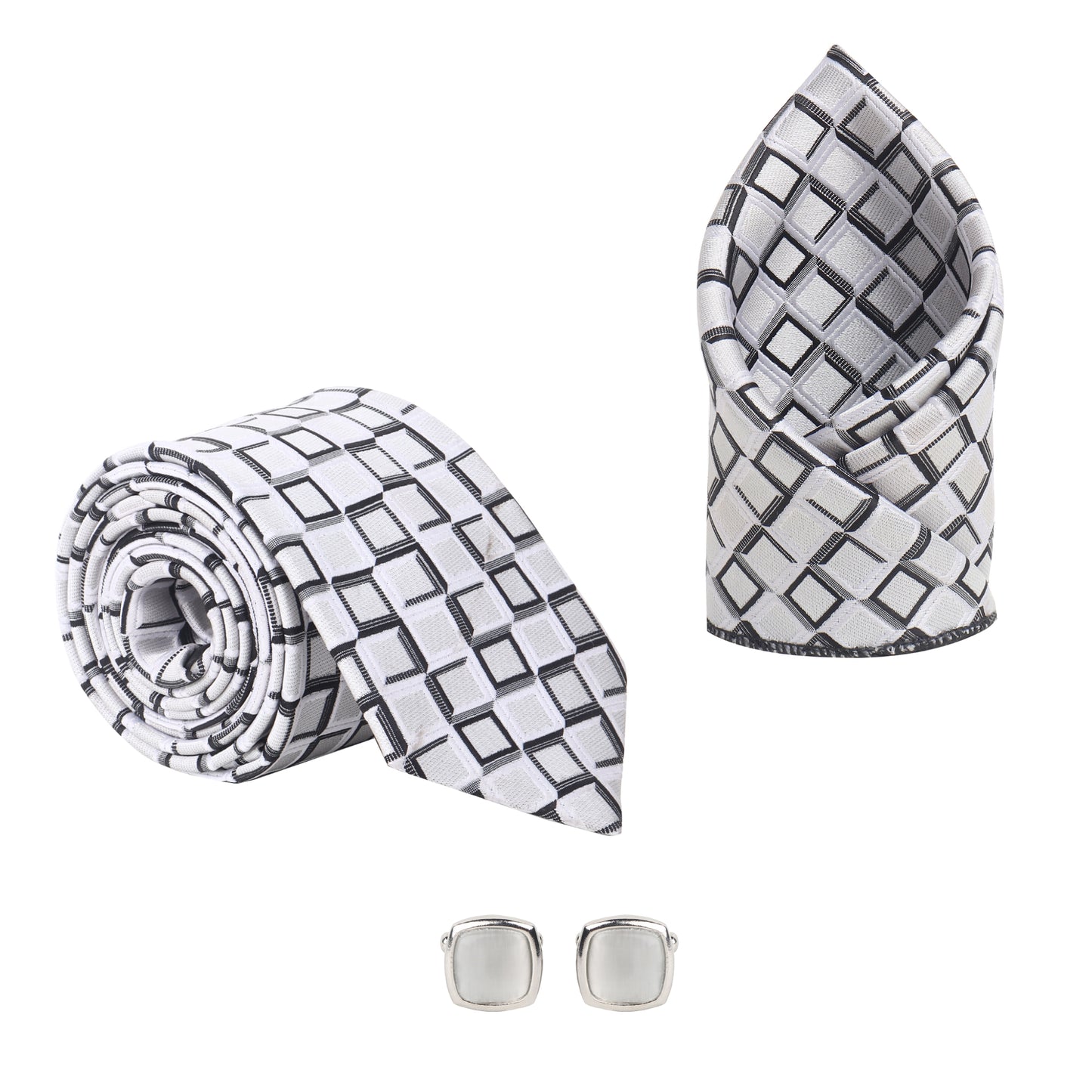 Kanthlangot Men’s 3-Piece Formal Set – Geometric Tie, Pocket Square & Light Silver Cufflinks (3-Inch Necktie)