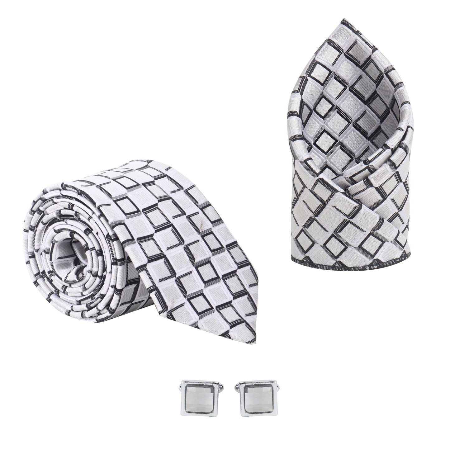 Kanthlangot Men’s 3-Piece Formal Set – Geometric Square Tie, Pocket Square & Light Stone Silver Cufflinks (3-Inch Necktie)