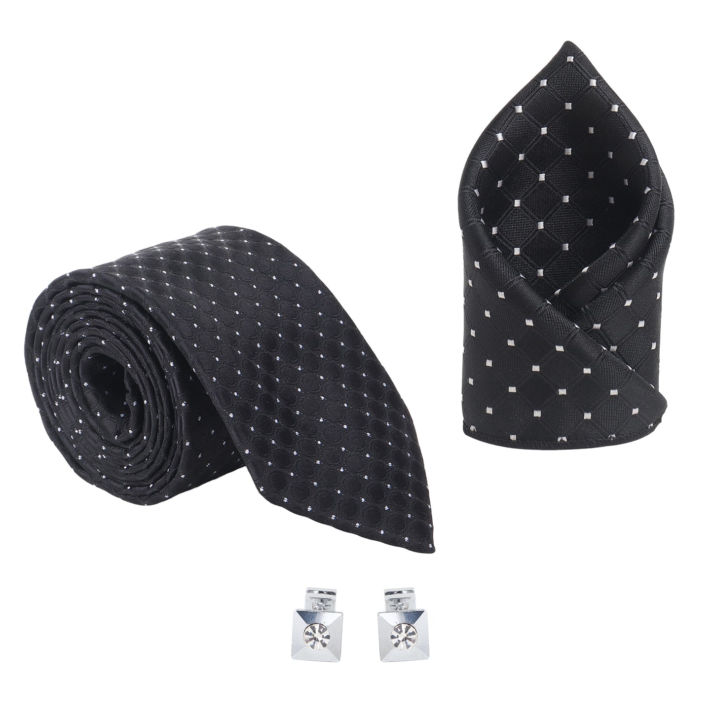 Kanthlangot Men’s 3-Piece Formal Set – Black Dot-Grid Tie, Pocket Square & Crystal Pyramid Cufflinks (3-Inch Necktie)
