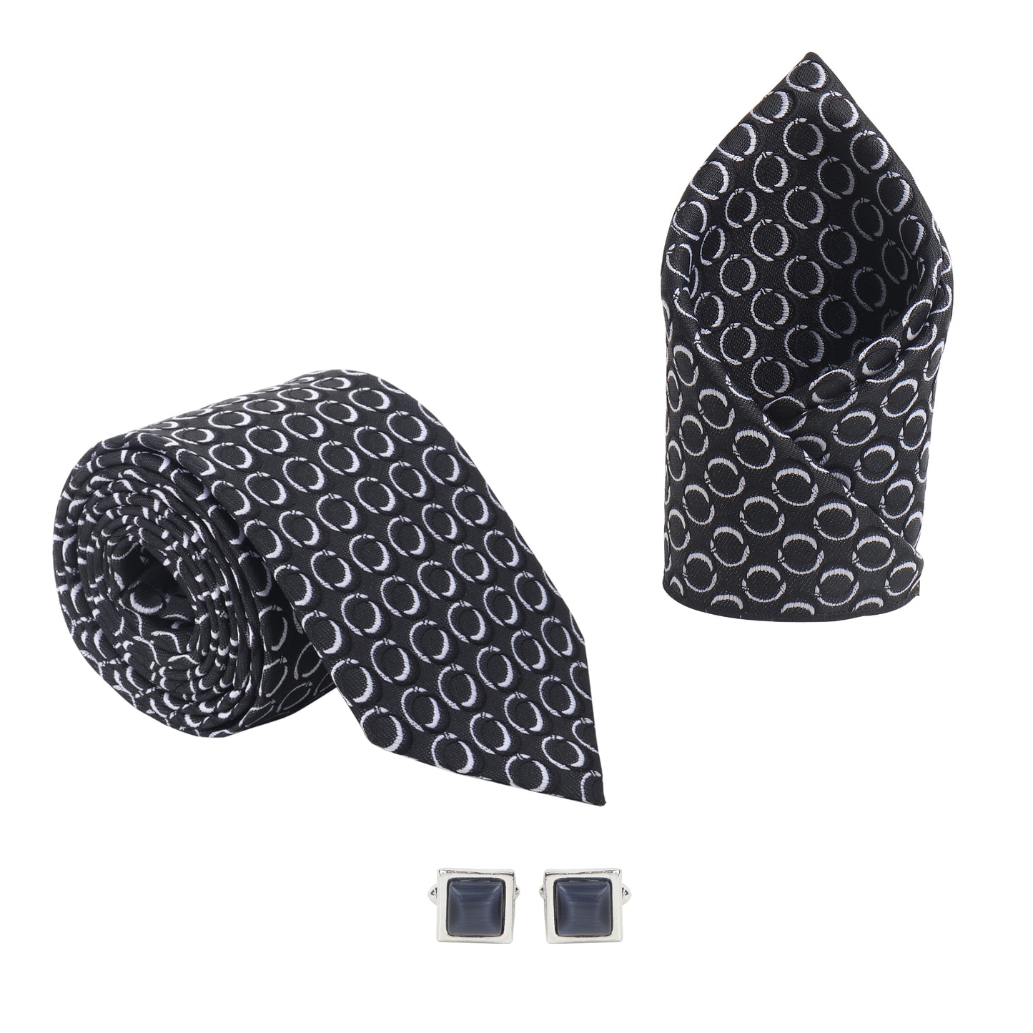 Kanthlangot Men’s 3-Piece Formal Set – Black Circle Tie, Pocket Square & Grey Stone Cufflinks (3-Inch Necktie)