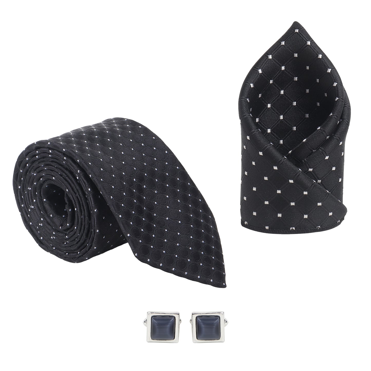 Kanthlangot Men’s 3-Piece Formal Set – Black Dot-Grid Tie, Pocket Square & Grey Cat’s Eye Cufflinks (3-Inch Necktie)