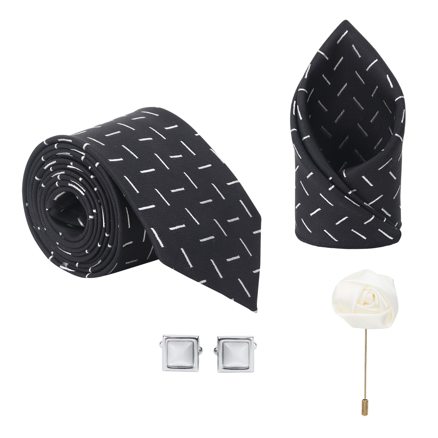 Kanthlangot Modern Black Tie Set with Pocket Square, Cufflinks & Lapel Pin – Set of 4