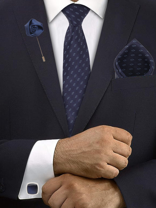 Kanthlangot Navy Blue Diamond Necktie Gift Set with Pocket Square, Cufflinks & Lapel Pin