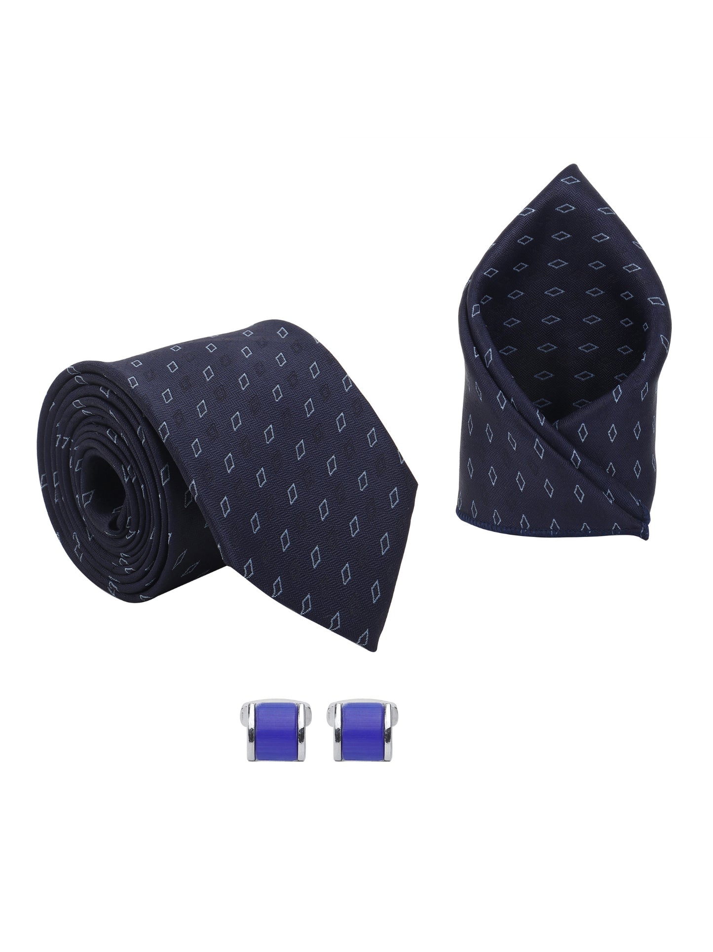 Kanthlangot Men’s 3-Piece Formal Set – Navy Diamond Tie, Pocket Square & Electric Blue Barrel Cufflinks (3-Inch Necktie)