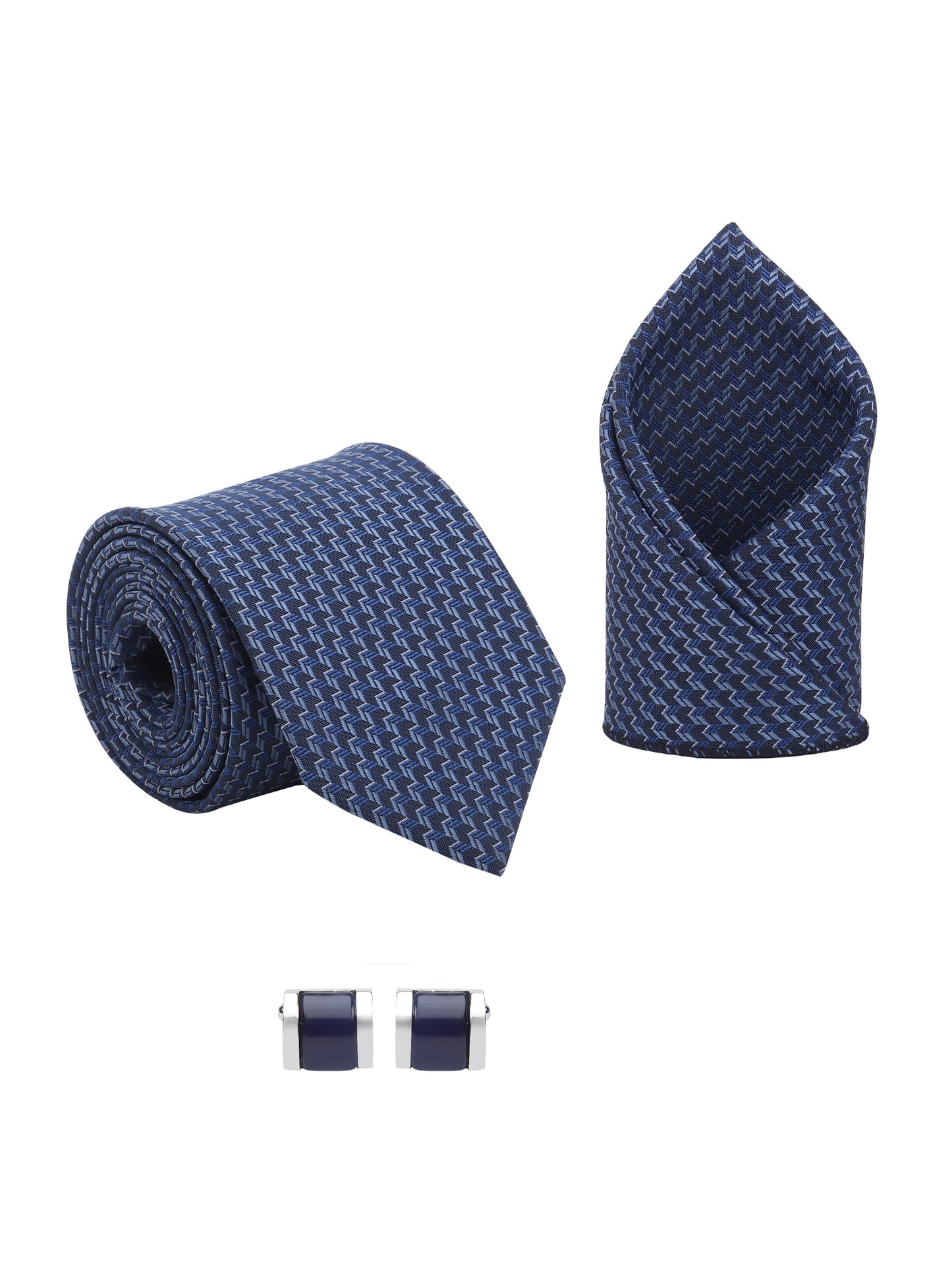 Kanthlangot Men’s 3-Piece Navy Zigzag Tie Set with Pocket Square & Dark Navy Barrel Cufflinks (3-Inch Necktie)