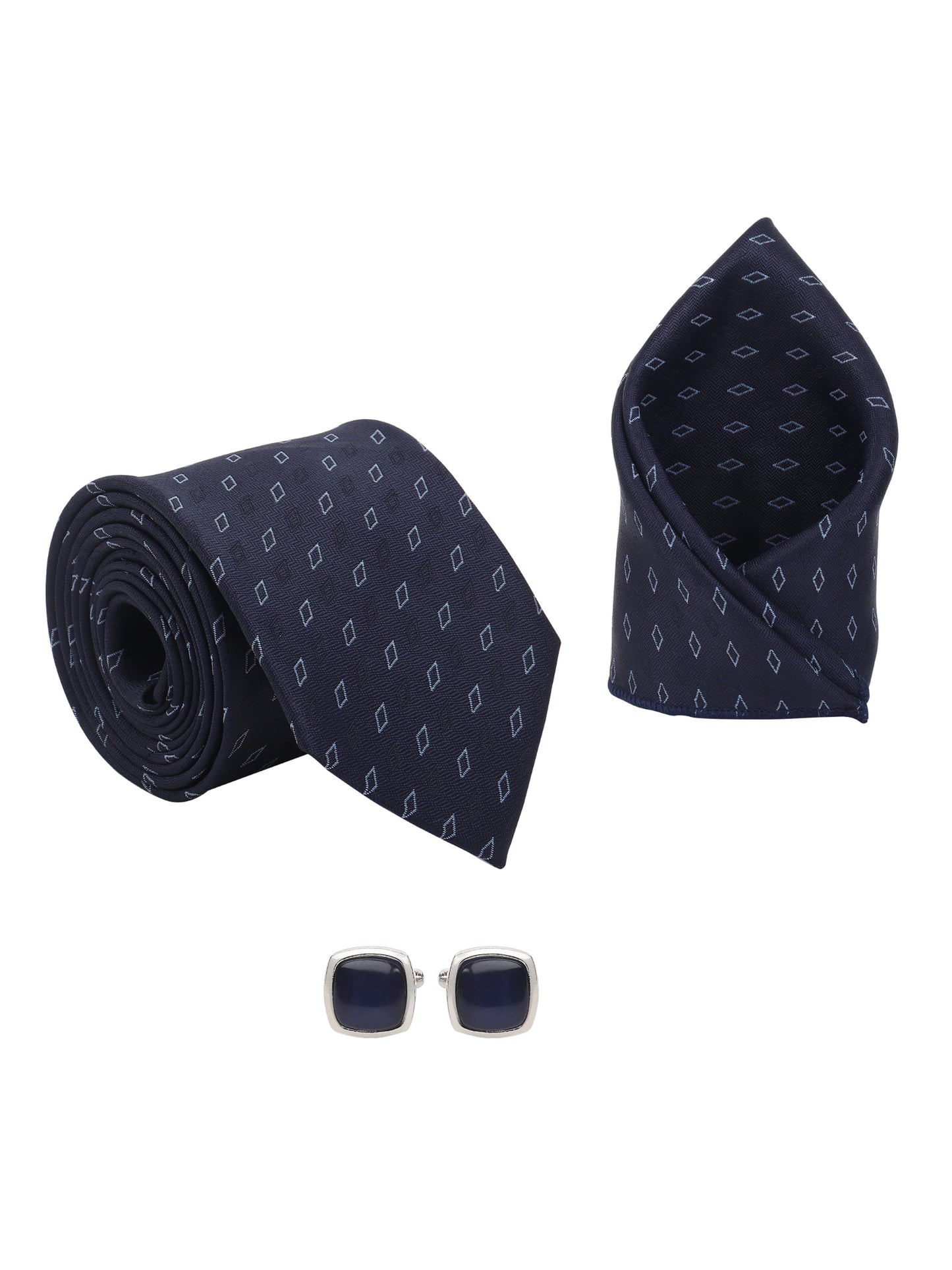 Kanthlangot Men’s 3-Piece Navy Diamond Tie Set with Pocket Square & Deep Navy Cufflinks (3-Inch Necktie)