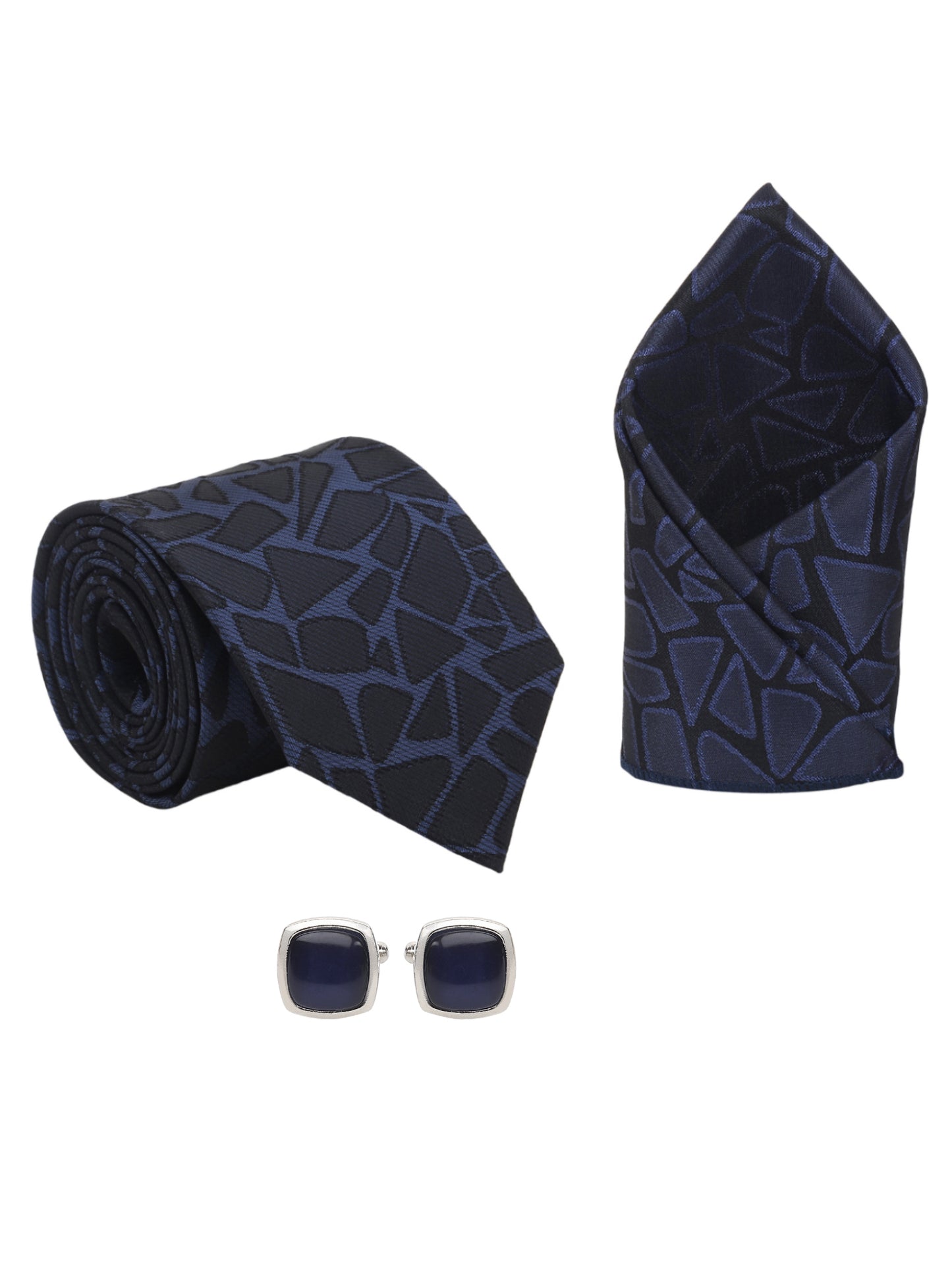 Kanthlangot Men’s 3-Piece Formal Set – Navy Abstract Tie, Pocket Square & Deep Navy Enamel Cufflinks (3-Inch Necktie)
