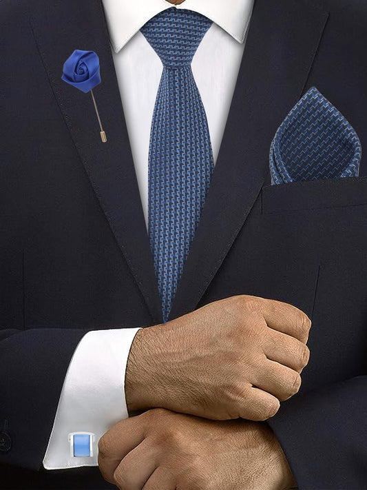 Kanthlangot Blue Zigzag Necktie Gift Set with Pocket Square, Light Blue Cufflinks & Lapel Pin