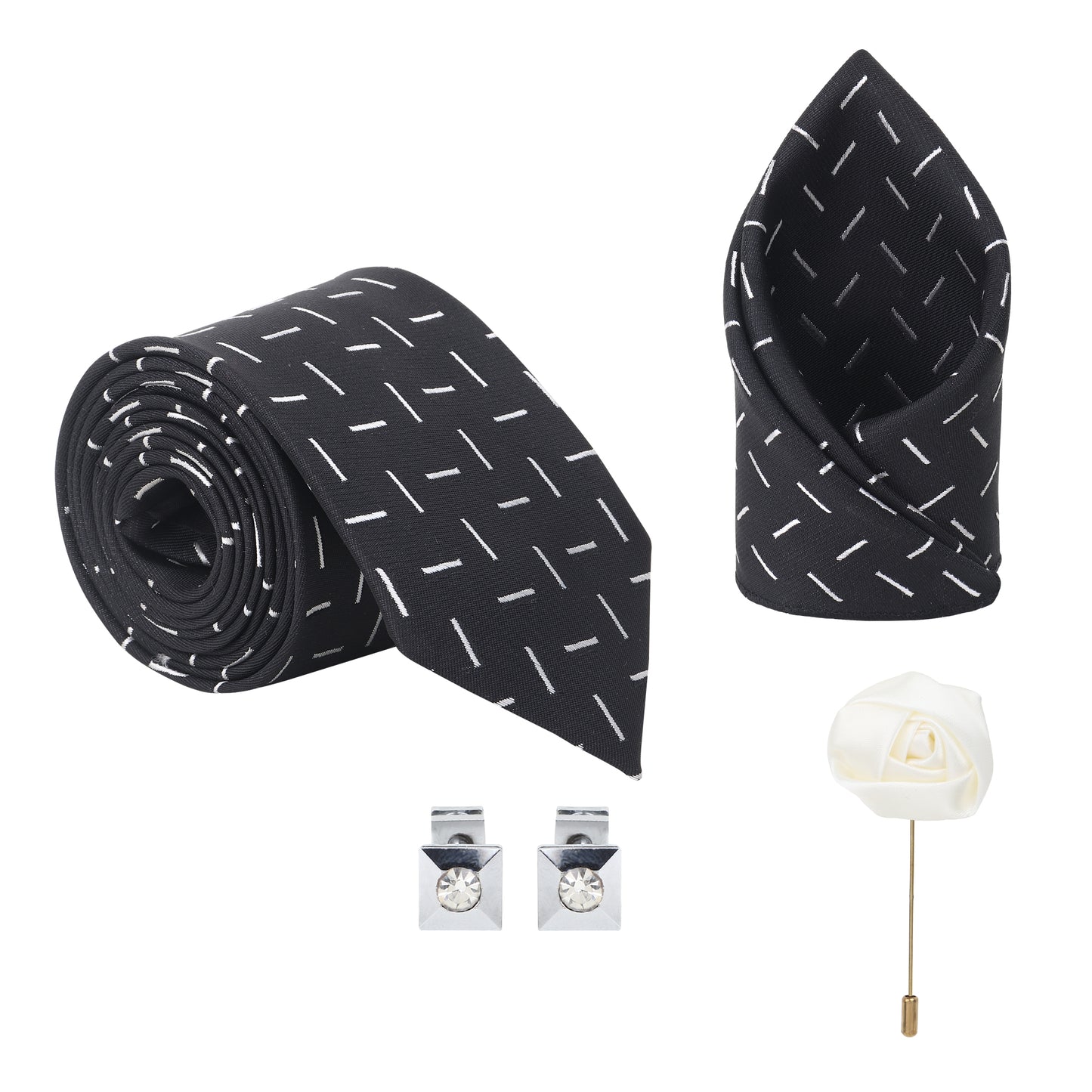Kanthlangot Linear Dash Black Tie Set with Pocket Square, Cufflinks & Lapel Pin – Gift Box of 4
