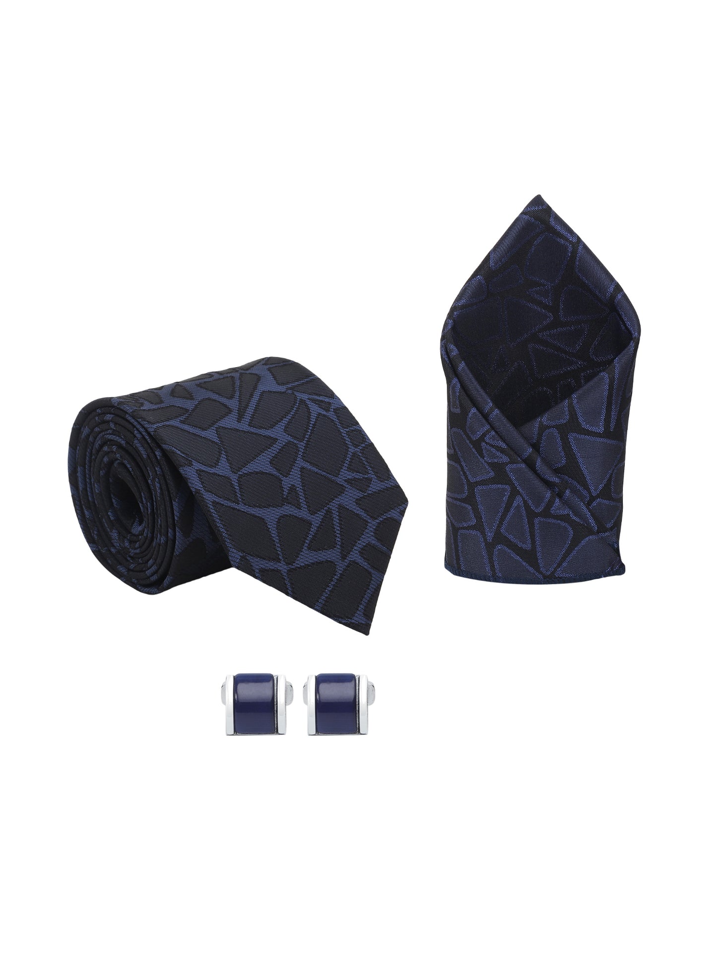 Kanthlangot Men’s 3-Piece Formal Set – Navy Abstract Tie, Pocket Square & Rounded Royal Navy Enamel Cufflinks (3-Inch Necktie)