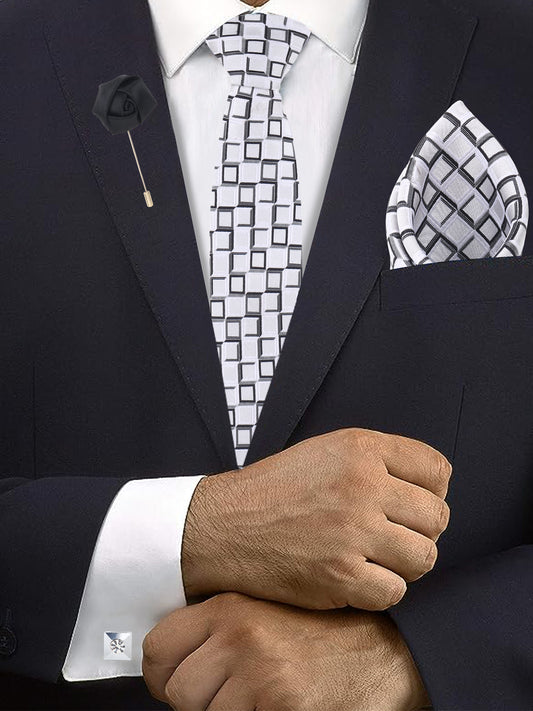 Kanthlangot White Grid Necktie Gift Set with Crystal Cufflinks & Black Lapel Pin