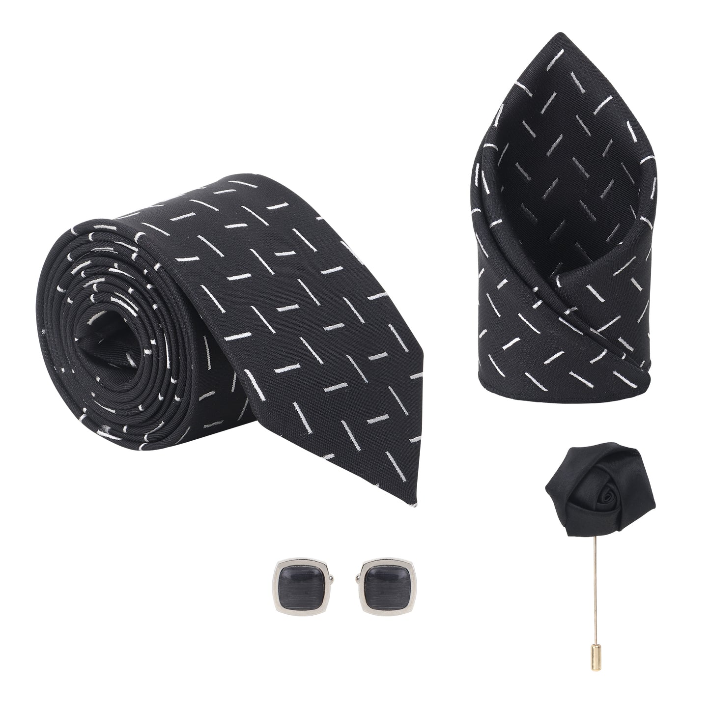 Kanthlangot Black Dash Line Tie Set with Pocket Square, Cufflinks & Lapel Pin – 4-in-1 Elegant Gift Box