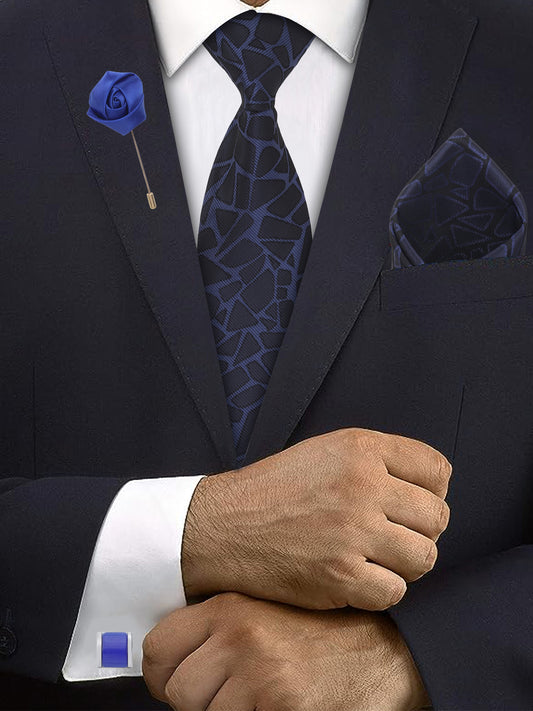 Kanthlangot Navy Mosaic Tie Set with Pocket Square, Blue Cufflinks & Satin Lapel Pin