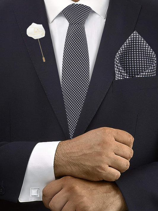 Kanthlangot Set of 4: Black & White Micro-Diamond Tie, Pocket Square, Silver Cufflinks & White Lapel Pin in Gift Box