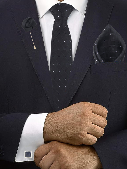 Kanthlangot Set of 4: Black Textured Necktie, Pocket Square, Smoky Cufflinks & Black Lapel Pin in Gift Box