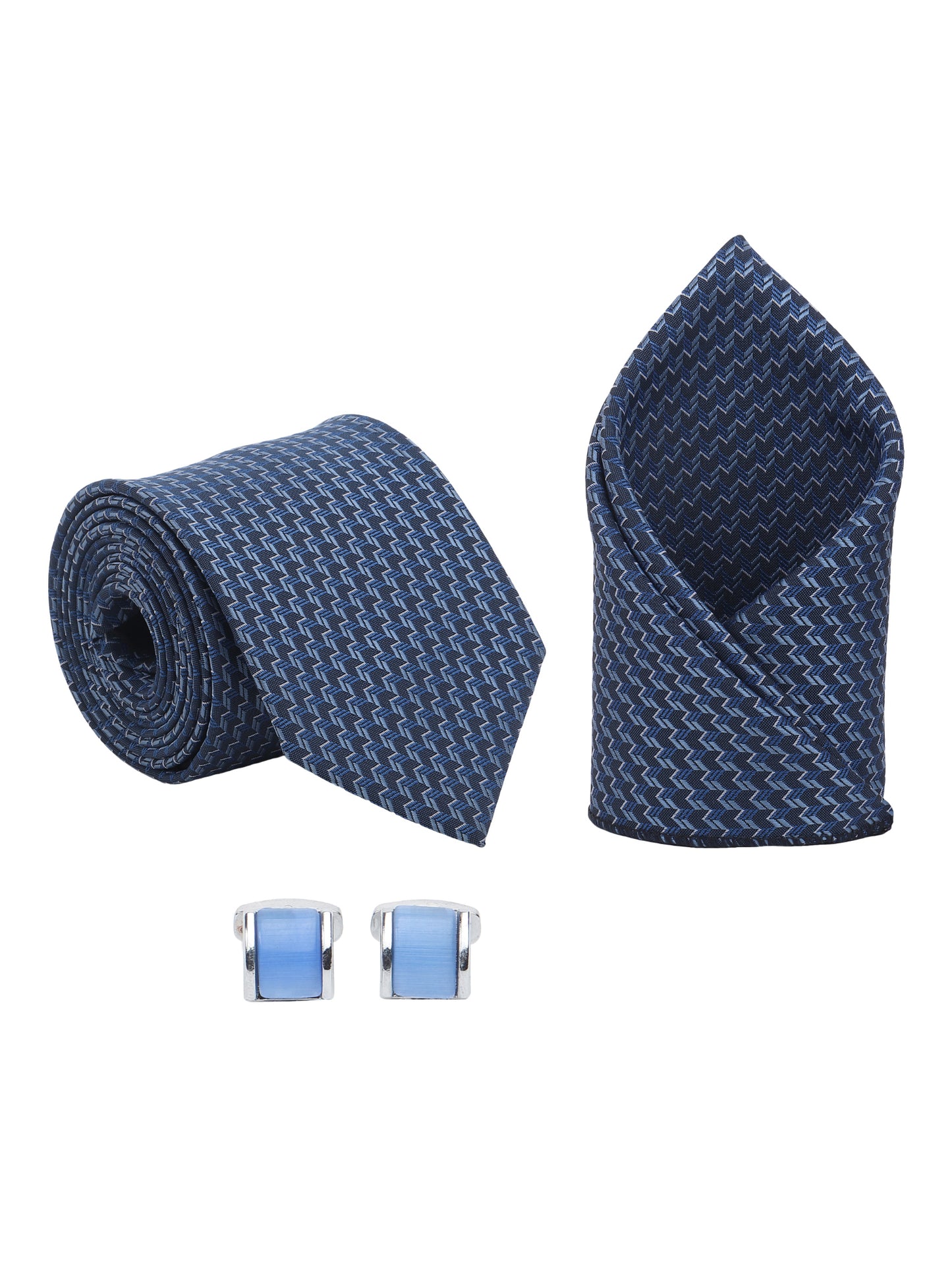 Kanthlangot Men’s 3-Piece Blue Zigzag Tie Set with Pocket Square & Sky Cufflinks (3-Inch Necktie)
