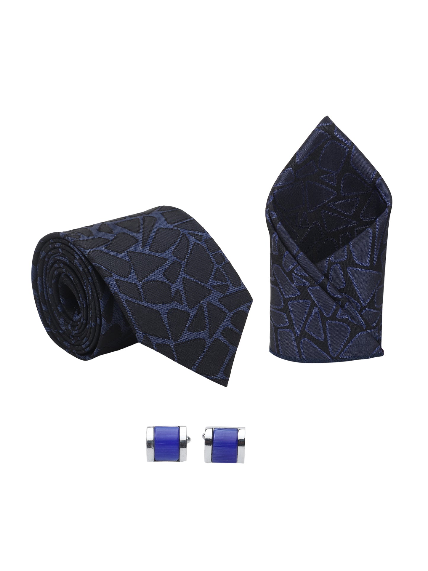 Kanthlangot Men’s 3-Piece Formal Set – Navy Abstract Tie, Pocket Square & Cobalt Blue Barrel Cufflinks (3-Inch Necktie)