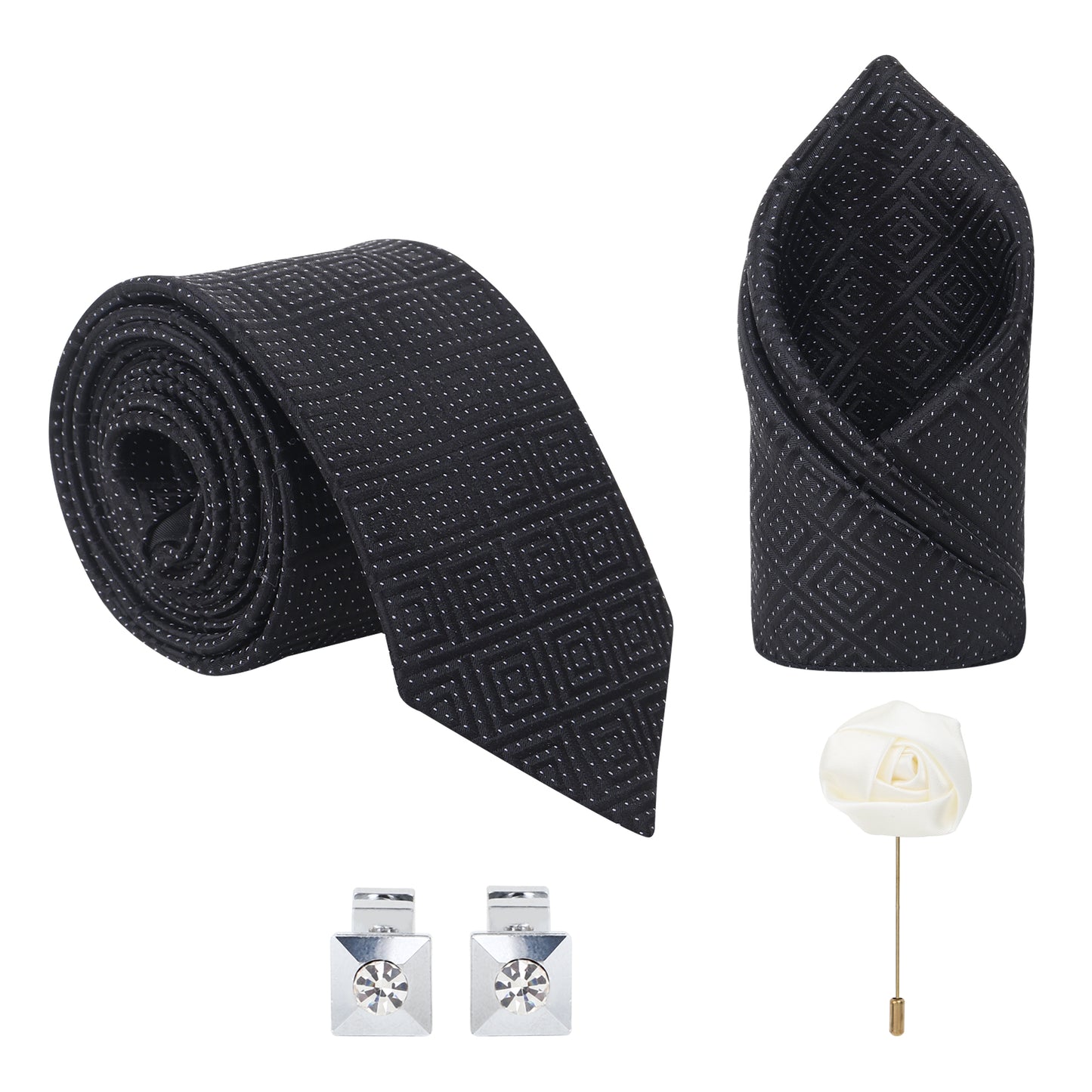 Kanthlangot Black Diamond Dot Tie Set with Pocket Square, Cufflinks & Lapel Pin – Set of 4