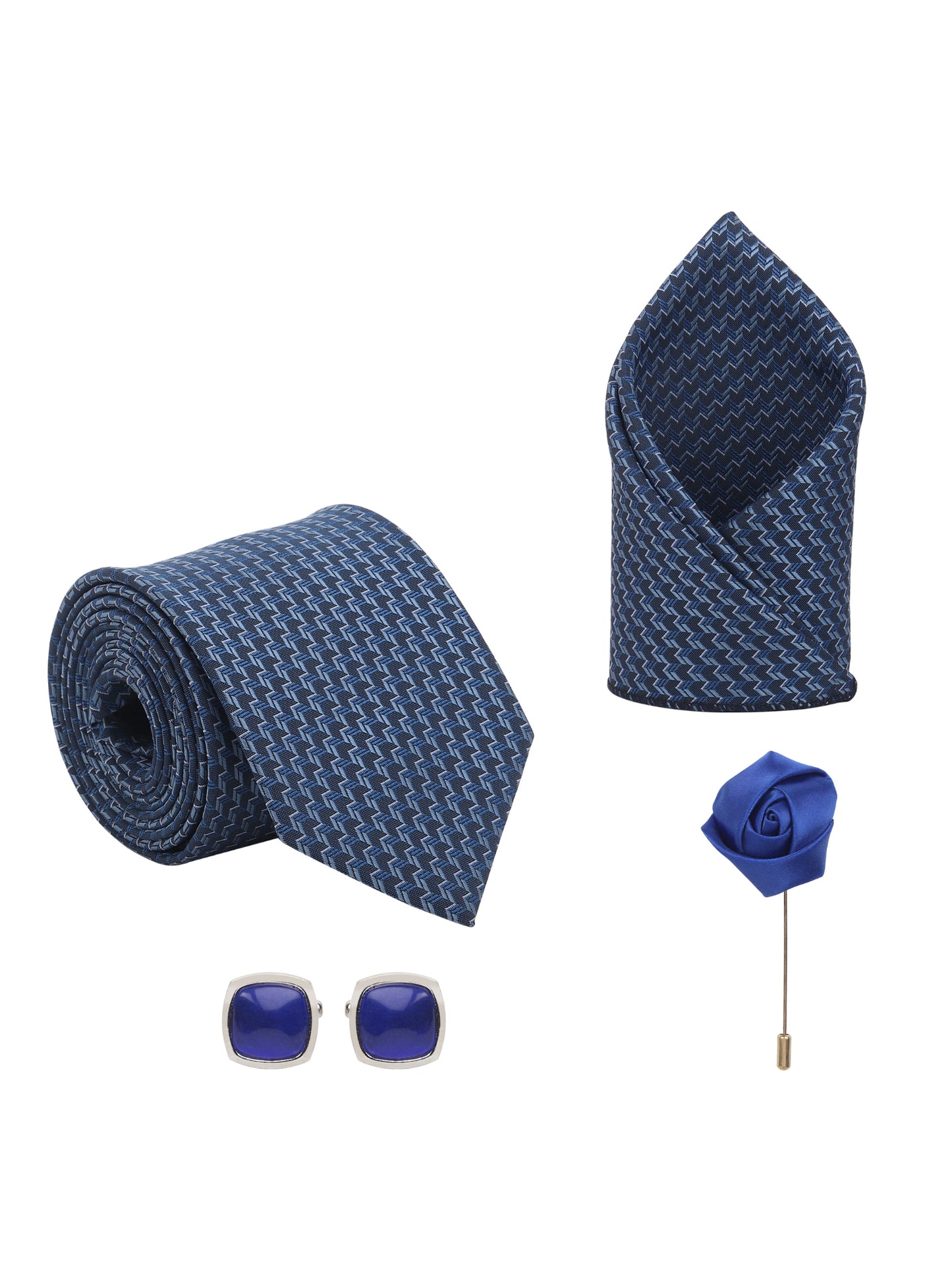Kanthlangot Zigzag Navy Tie Gift Set with Pocket Square, Square Blue Cufflinks & Lapel Pin