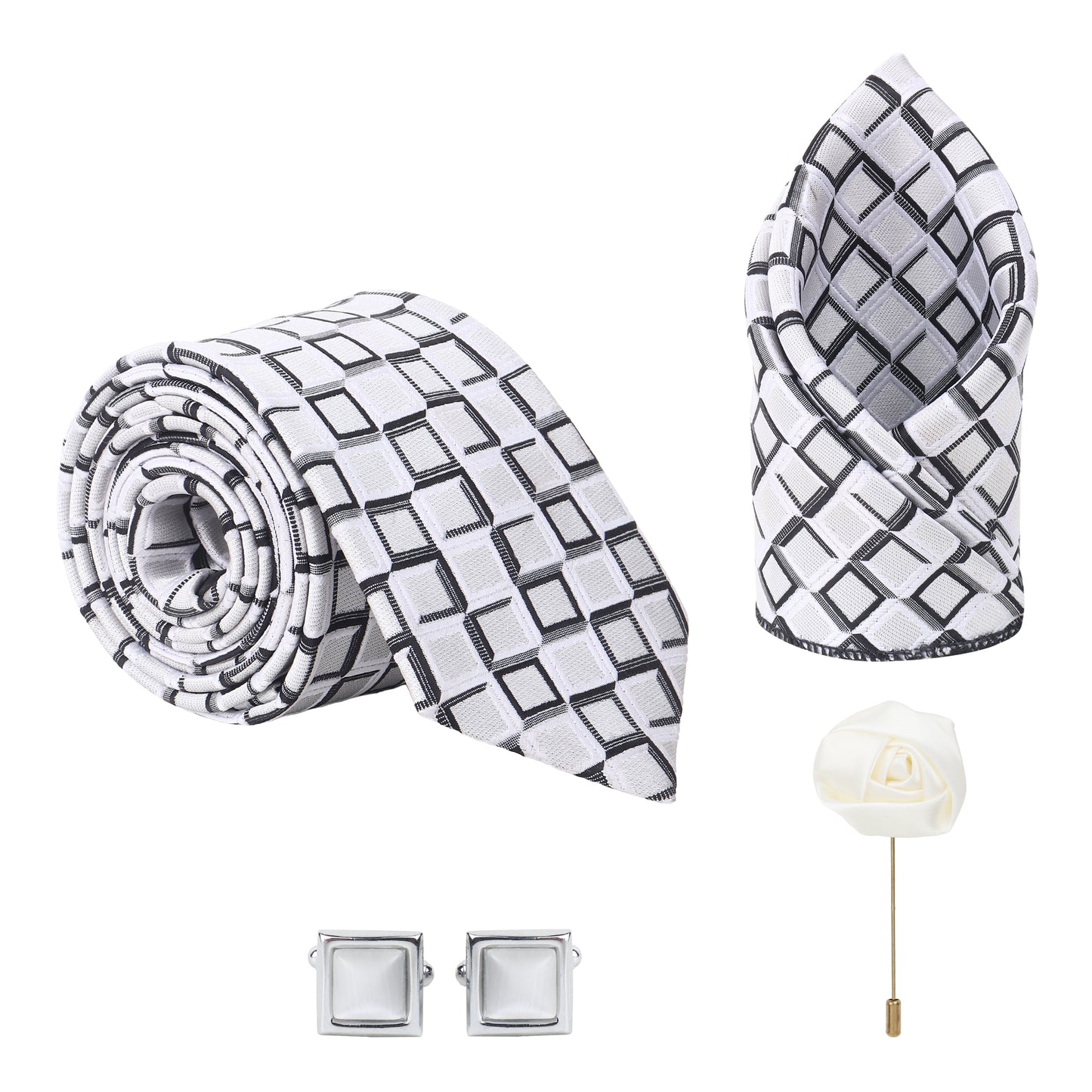 Kanthlangot White & Black Checkered Tie Set with Silver Cufflinks, Pocket Square & Lapel Pin