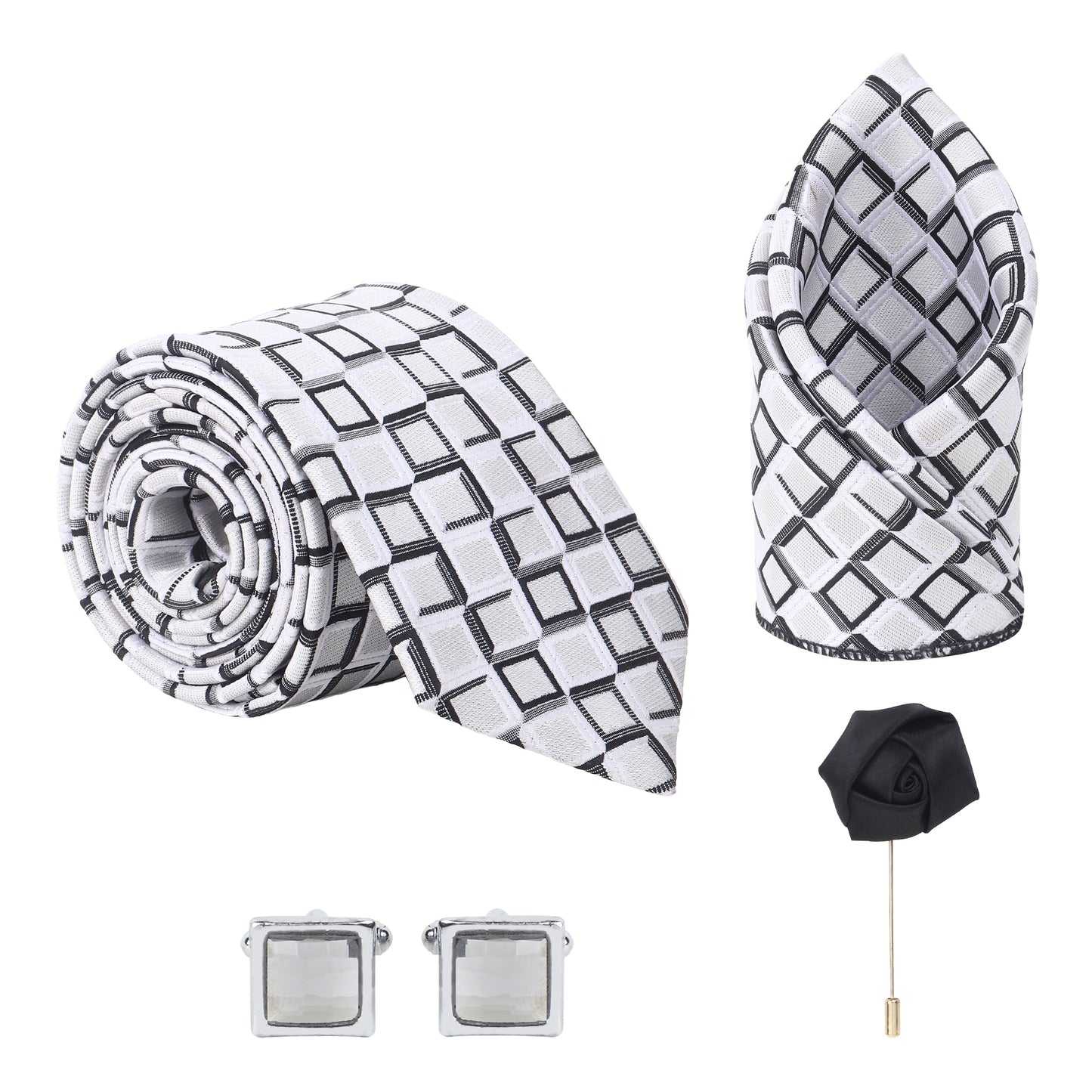 Kanthlangot Silver Grid Checkered Necktie Gift Set – Tie, Pocket Square, Cufflinks & Lapel Pin