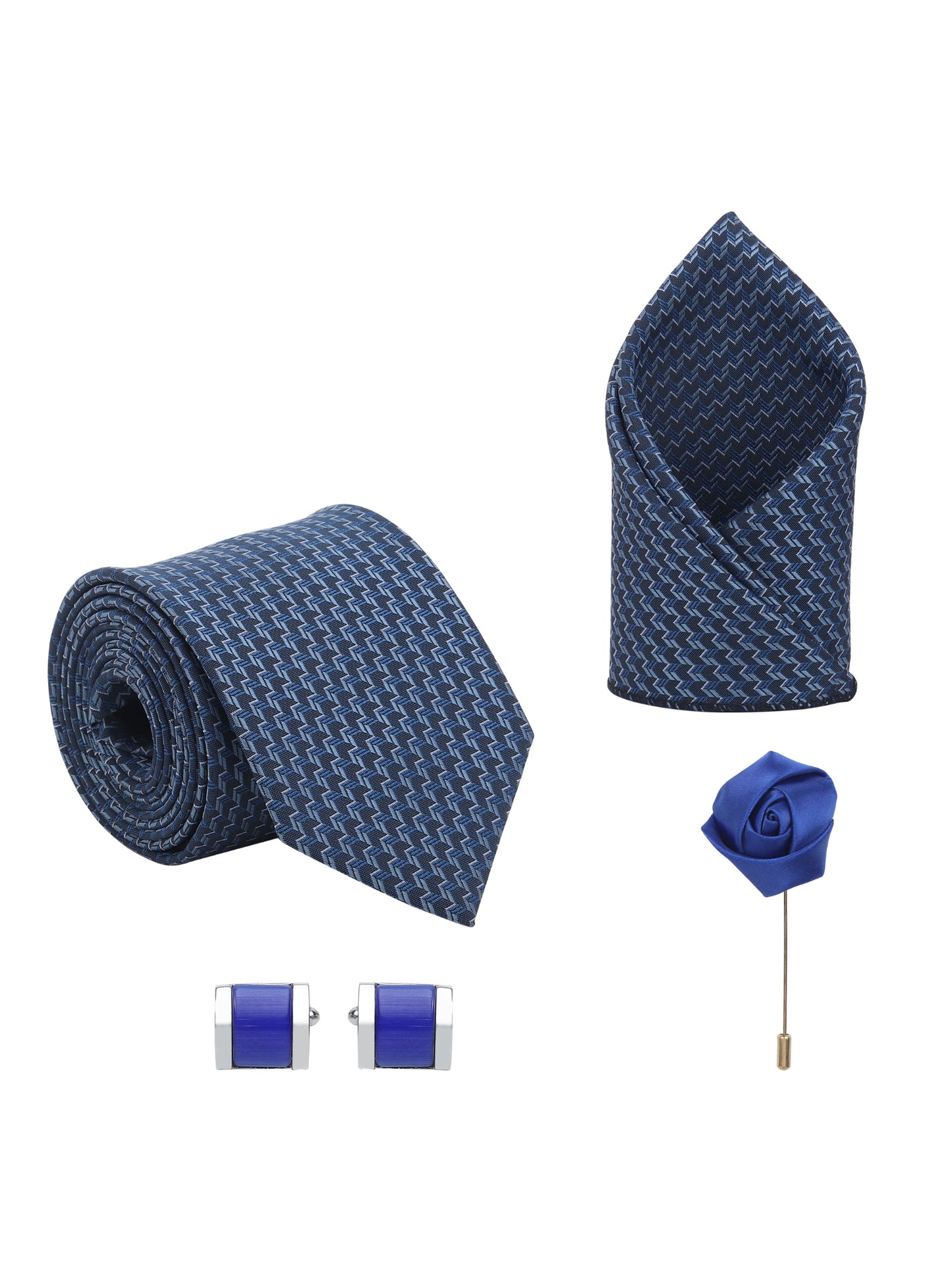 Kanthlangot Deep Navy Zigzag Tie Gift Set with Pocket Square, Rich Blue Cufflinks & Lapel Pin