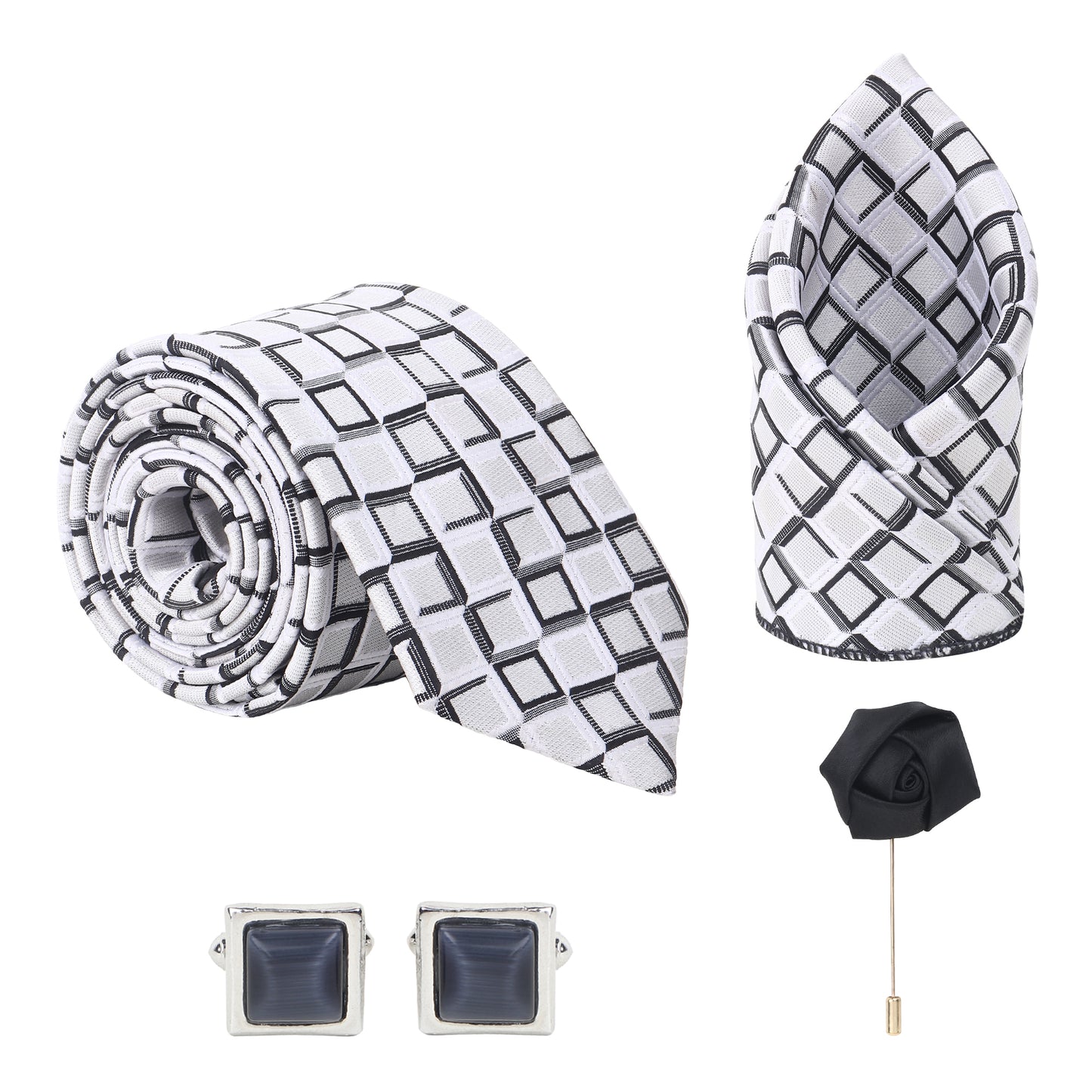 Kanthlangot White Grid Tie Set with Black Square Cufflinks & Rose Lapel Pin