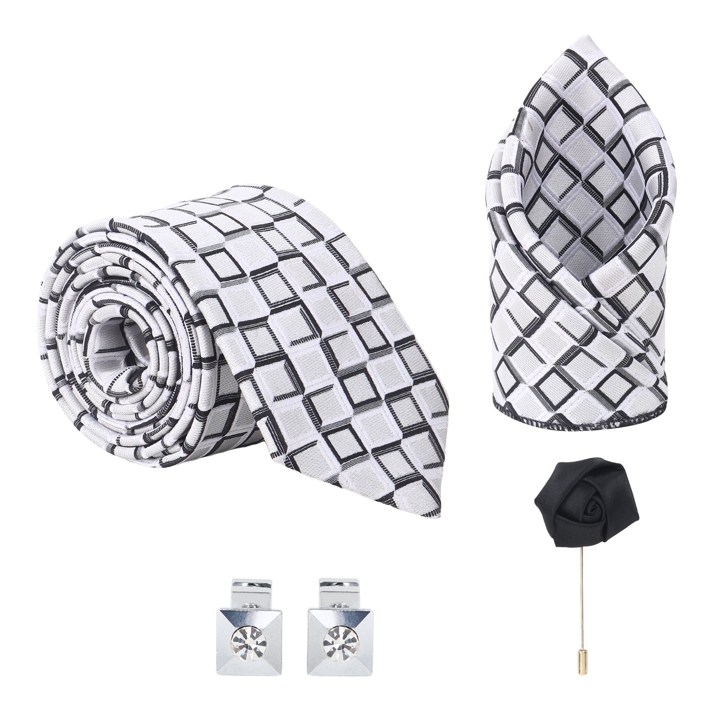 Kanthlangot White Grid Necktie Gift Set with Crystal Cufflinks & Black Lapel Pin