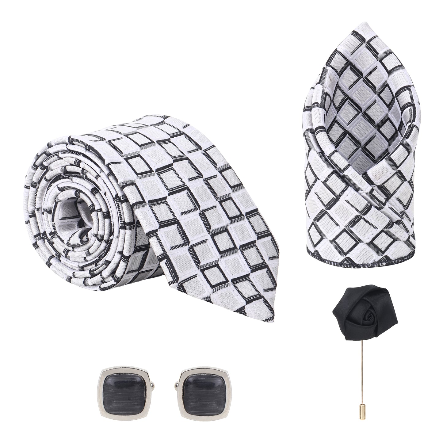 Kanthlangot White Square Check Tie Set with Black Border Cufflinks