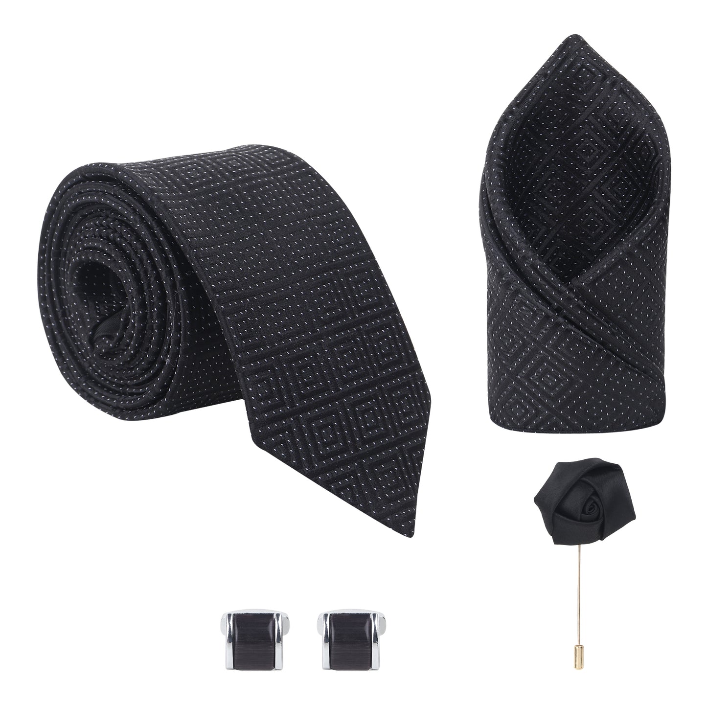 Kanthlangot Black Micro Dot Tie Set with Pocket Square, Cufflinks & Lapel Pin – Set of 4