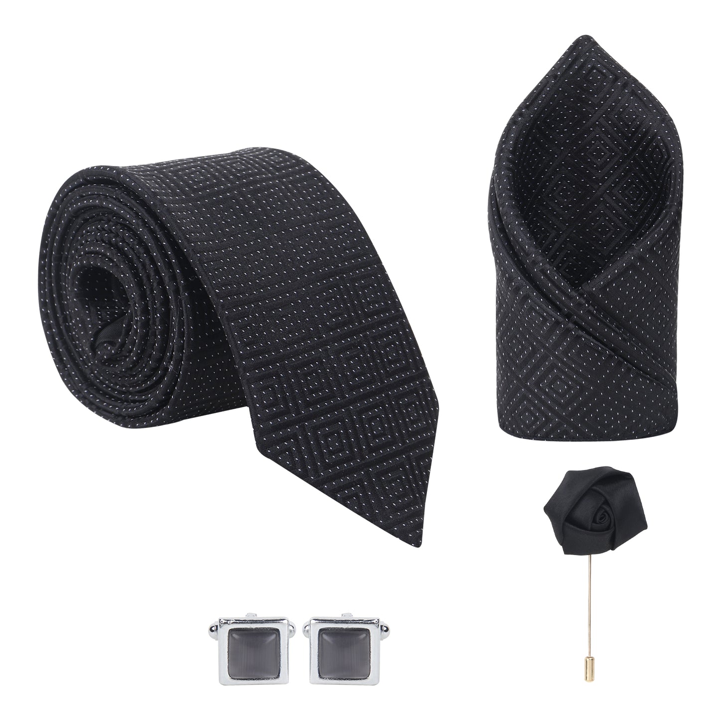 Kanthlangot Black Diamond Dot Tie Set with Pocket Square, Cufflinks & Lapel Pin – Set of 4