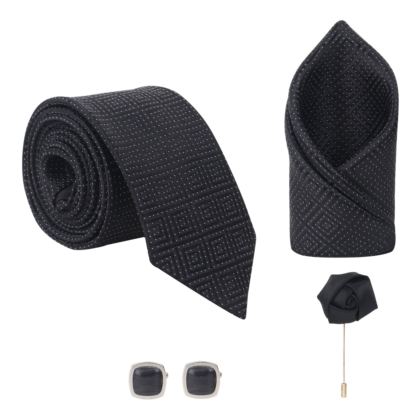 Kanthlangot Textured Black Tie Set with Pocket Square, Cufflinks & Lapel Pin – Set of 4