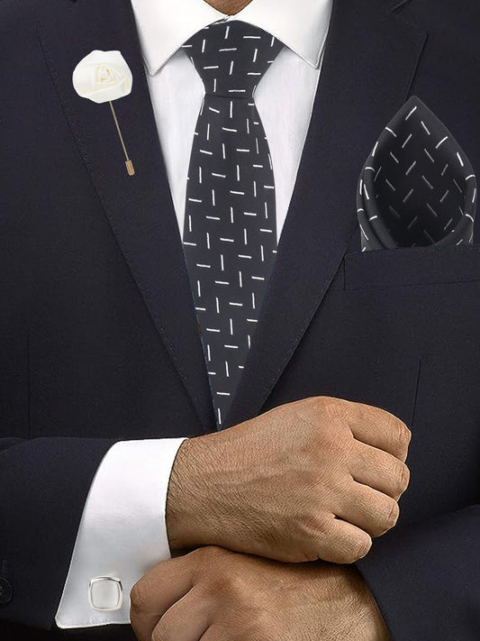 Kanthlangot Minimal Dash Black Tie Set with Pocket Square, Cufflinks & Lapel Pin – Set of 4